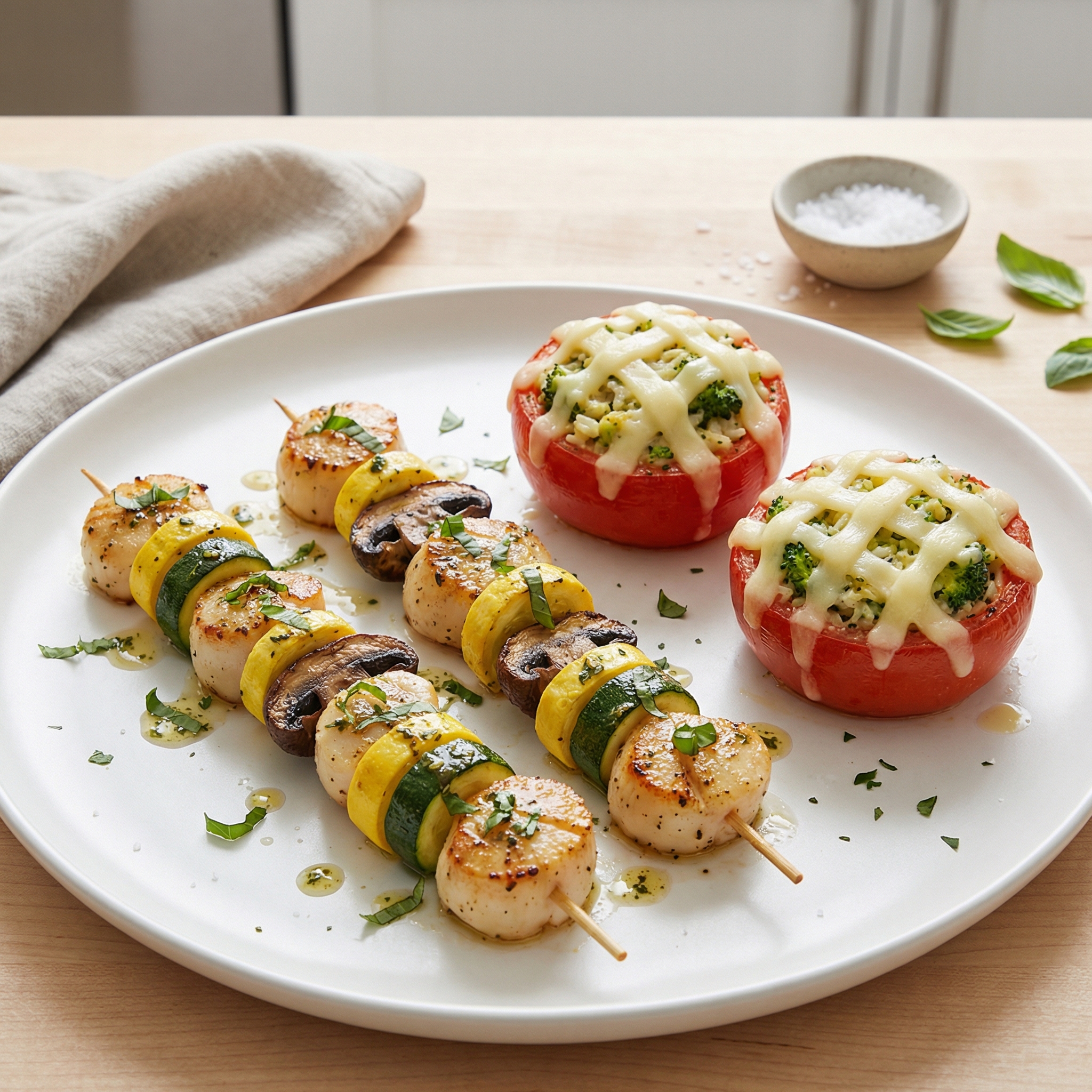 Mamita's Mojito Scallop Skewers with Broccoli-Rice Stuffed Tomatoes