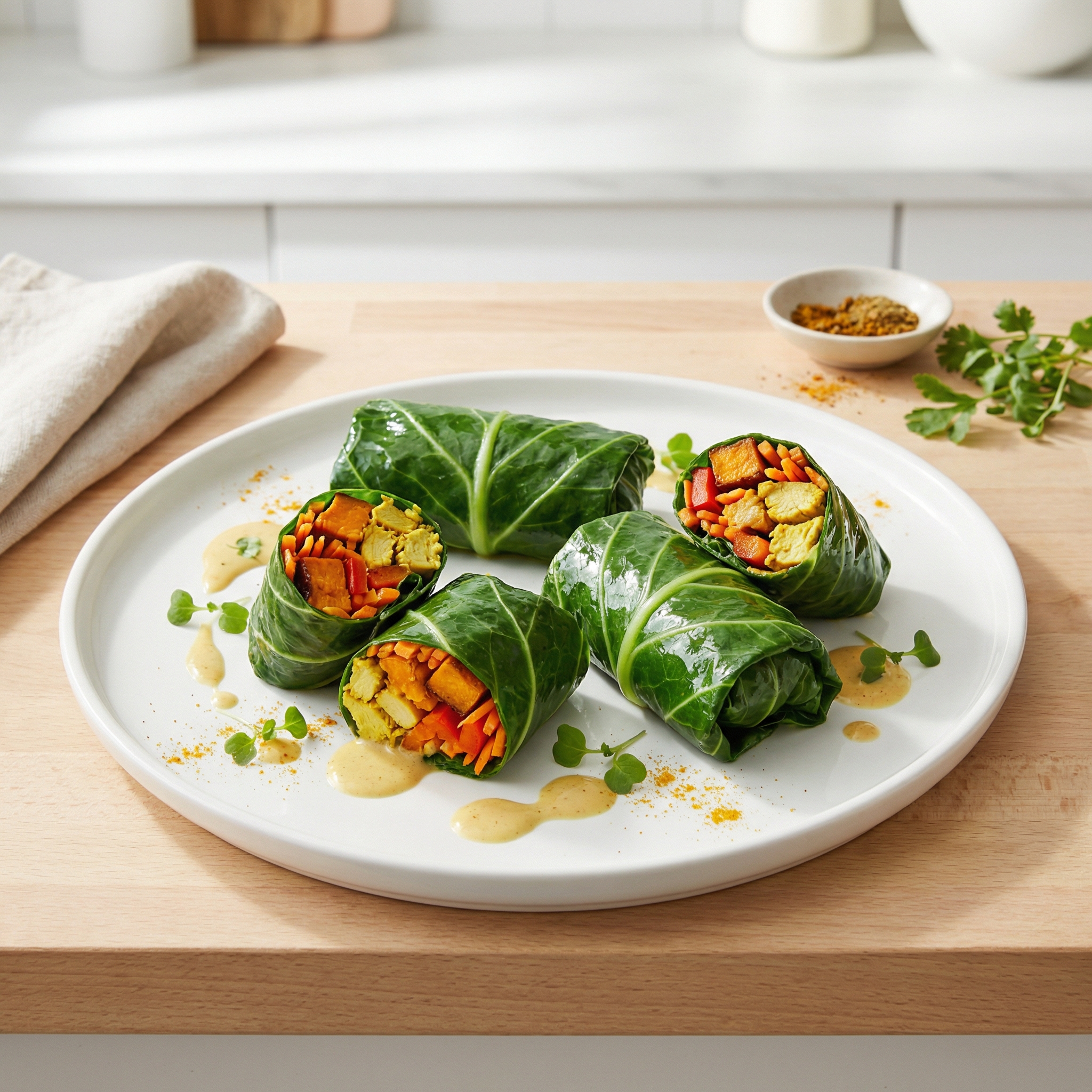 Collard Green Wraps with Coconut Curry Chicken