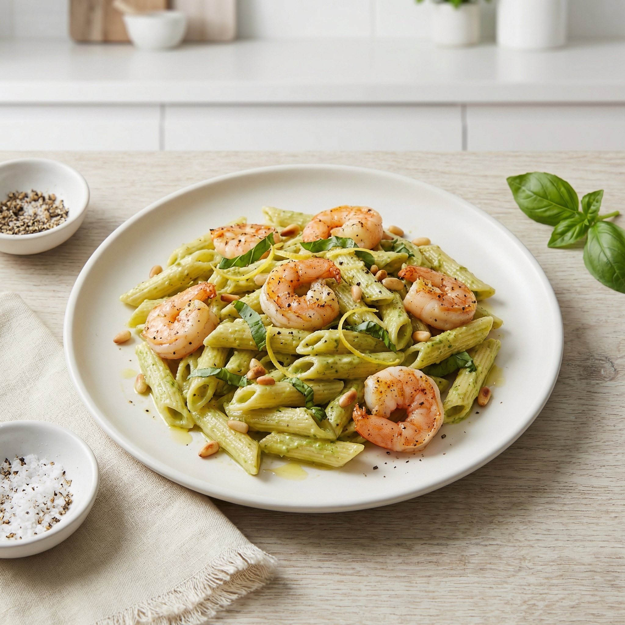 Avocado-Basil Pesto Penne with Shrimp