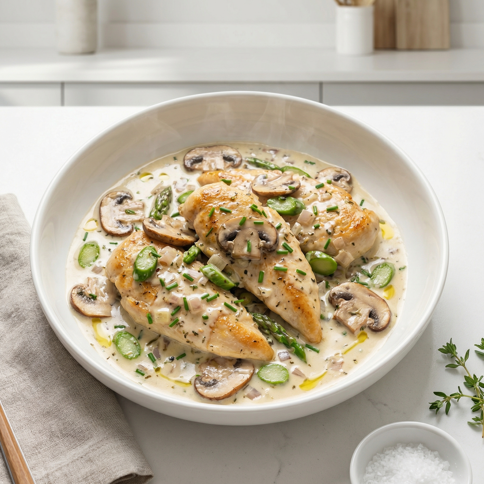 Skillet Chicken with Boursin, Mushrooms, and Asparagus