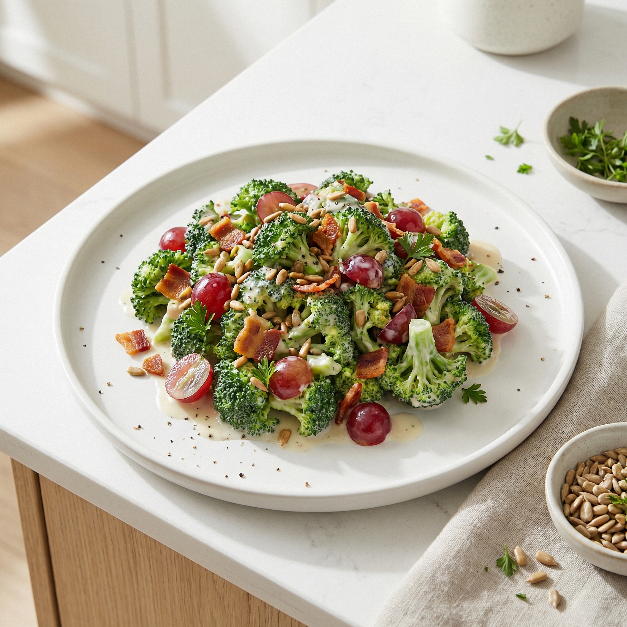 Broccoli Salad with Red Grapes, Bacon, and Sunflower Seeds
