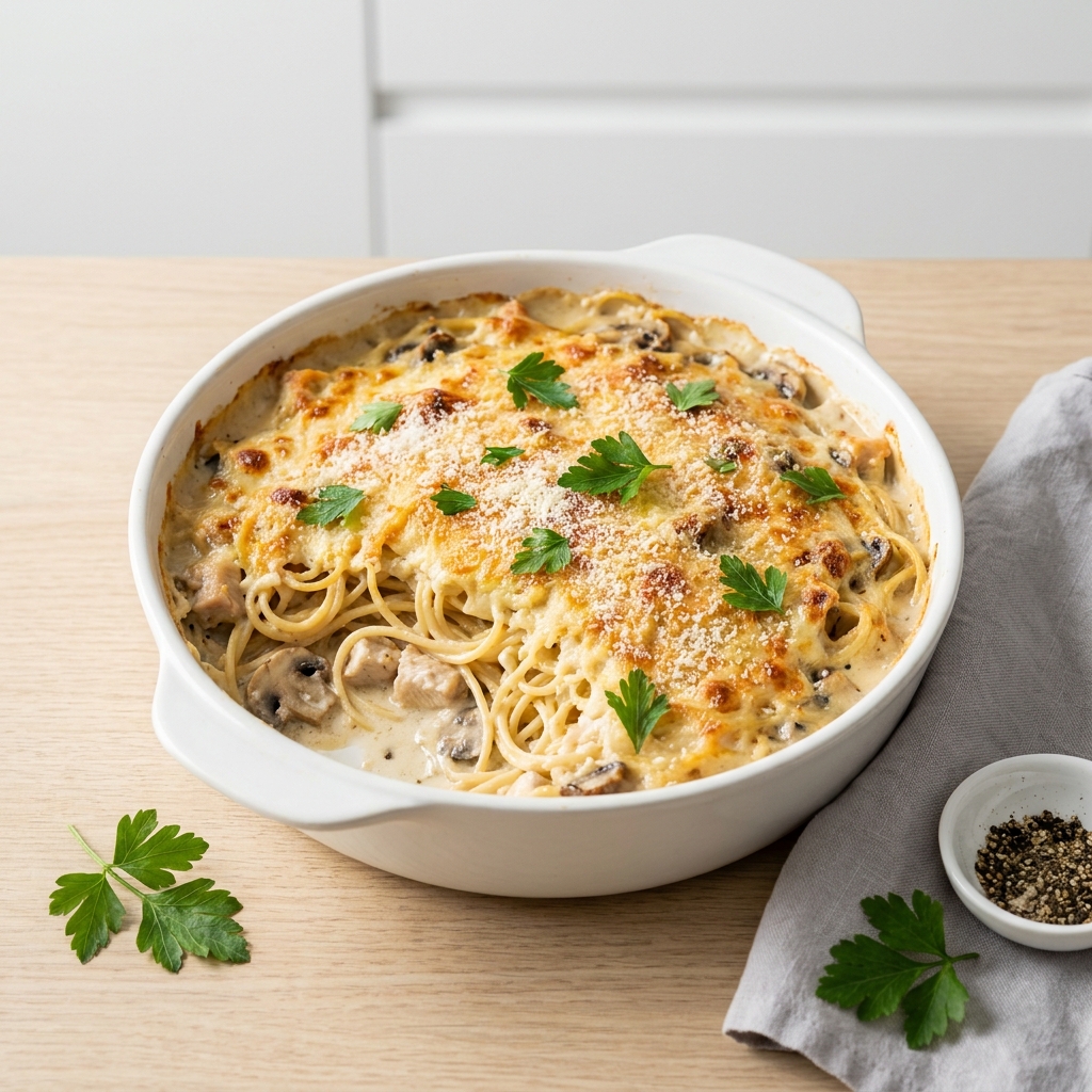 Creamy Chicken & Mushroom Tetrazzini Bake