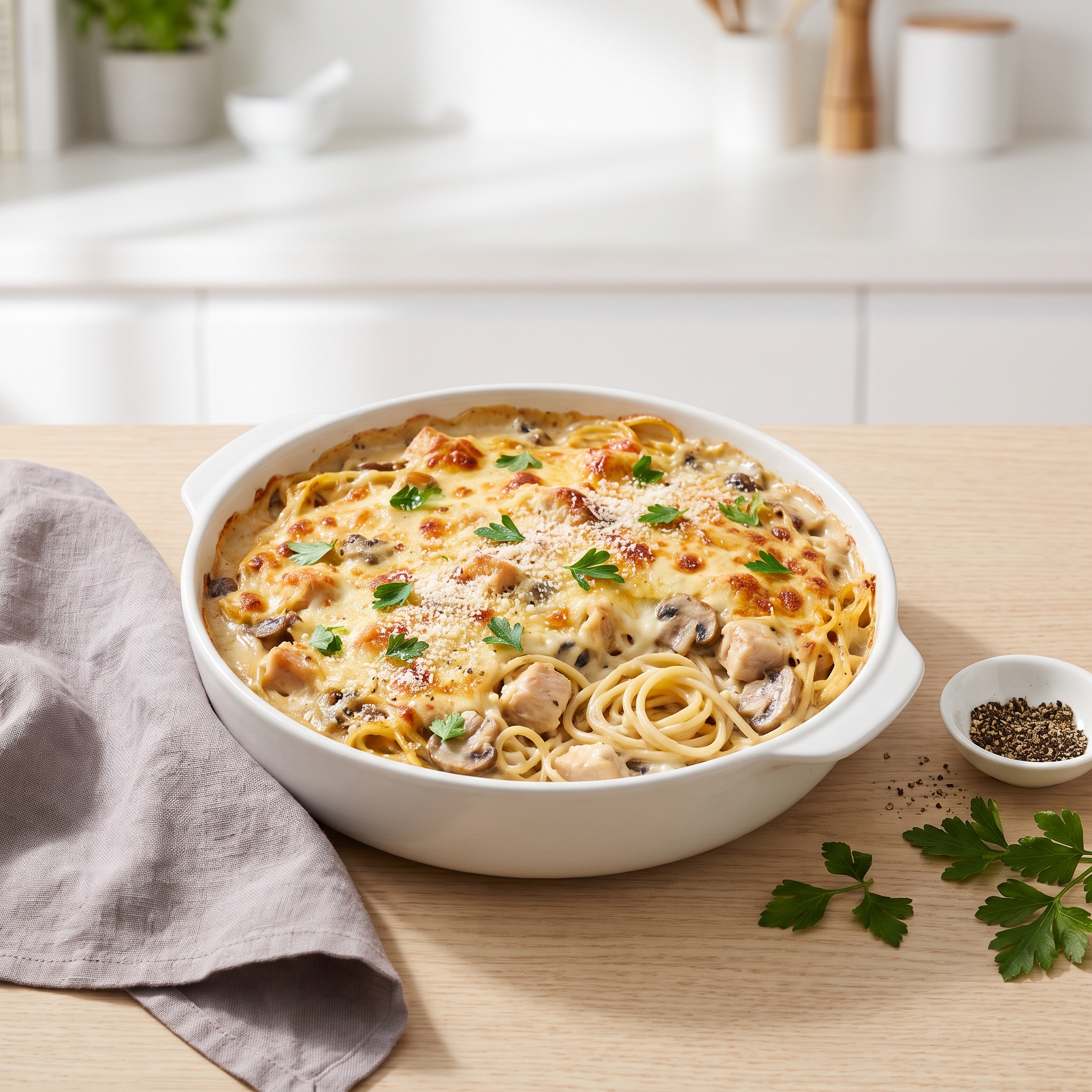 Creamy Chicken & Mushroom Tetrazzini Bake