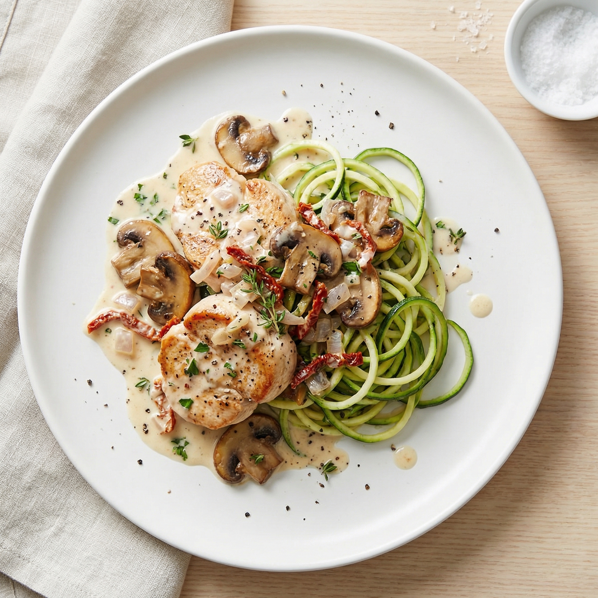 Chicken and Mushrooms in Cream Sauce over Zoodles