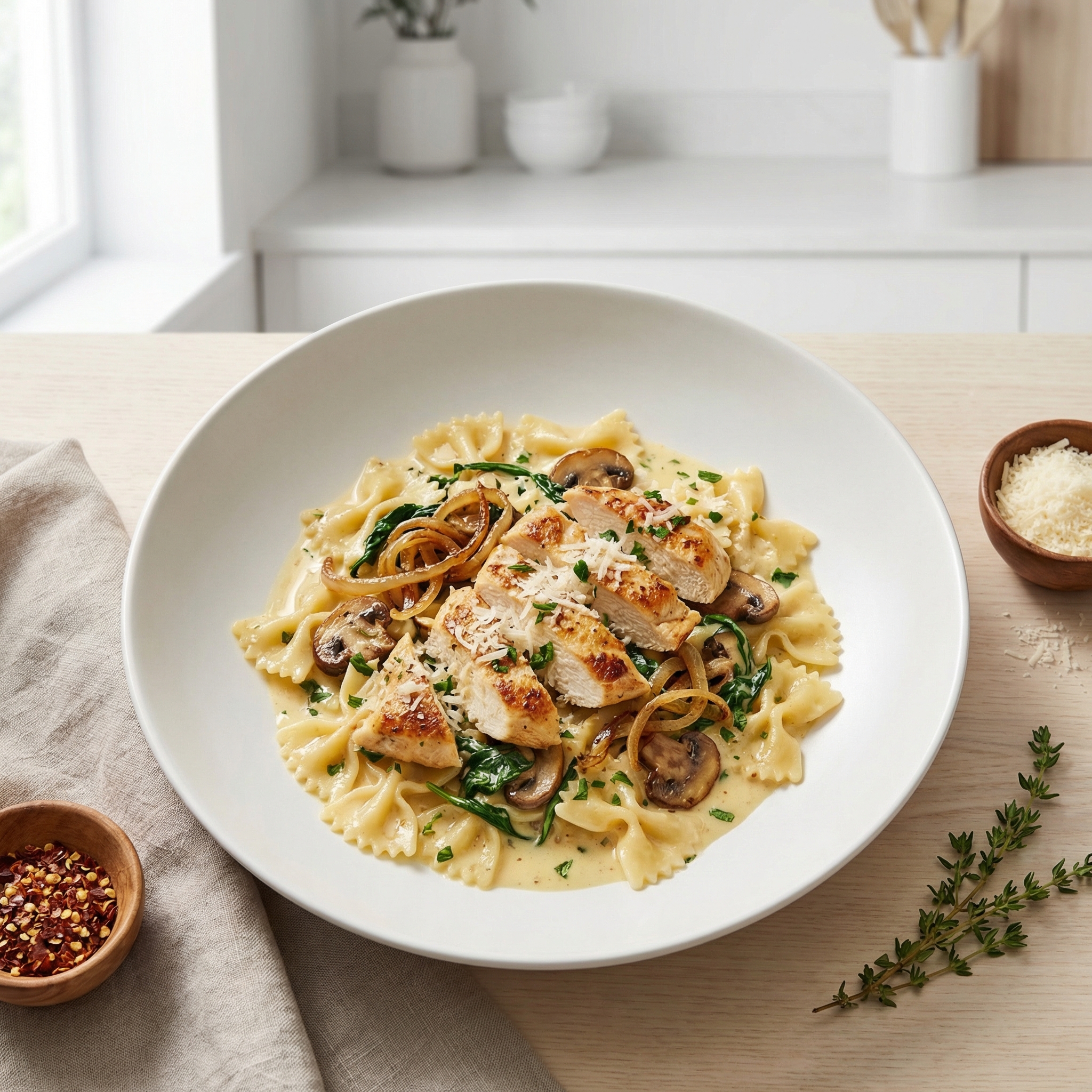 Chicken, Mushroom & Spinach Farfalle in Creamy Dijon Sauce