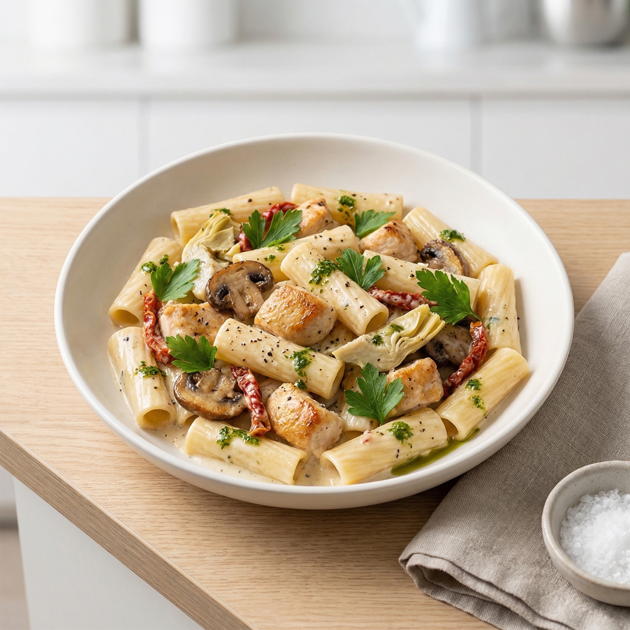 Creamy Garlic Chicken Rigatoni with Artichokes