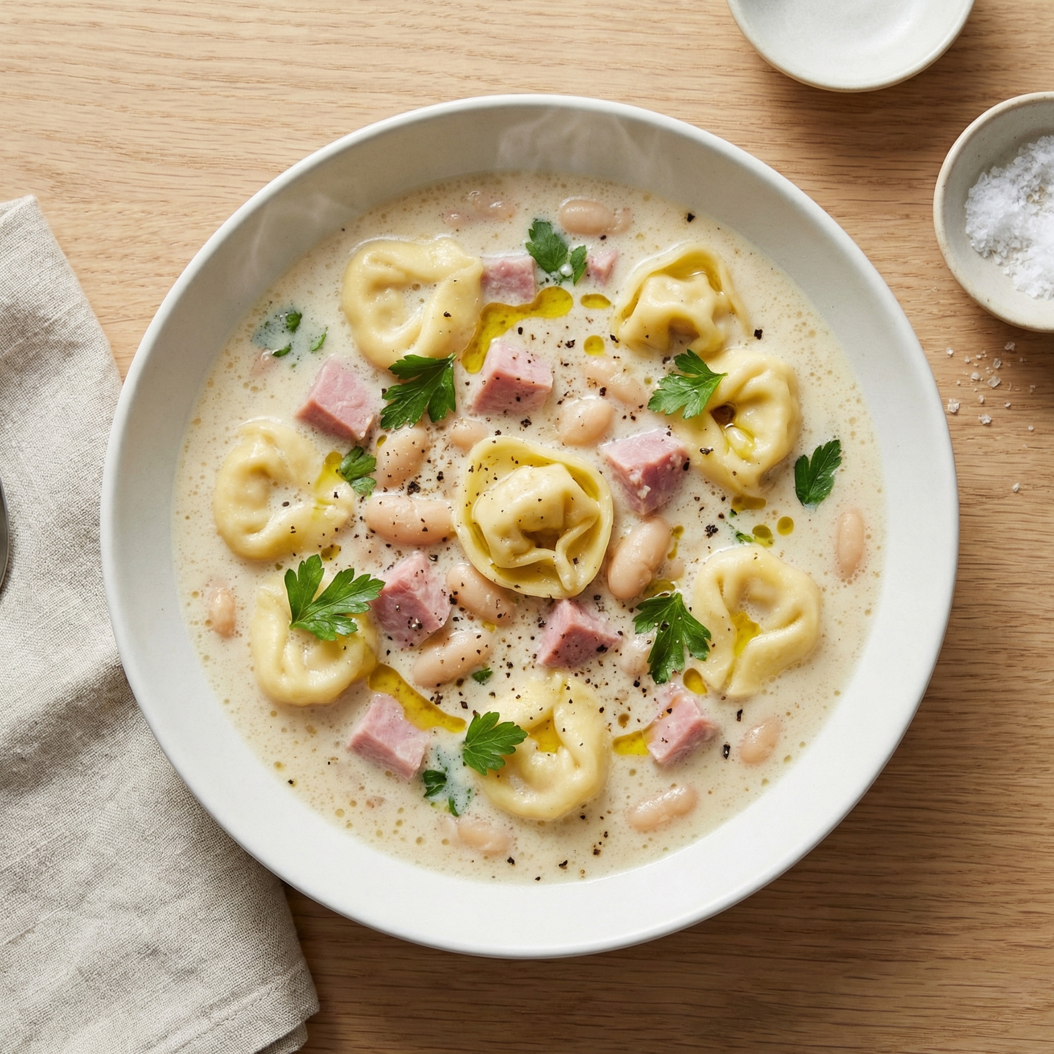 Creamy Tortellini Soup with Ham and Cannellini Beans