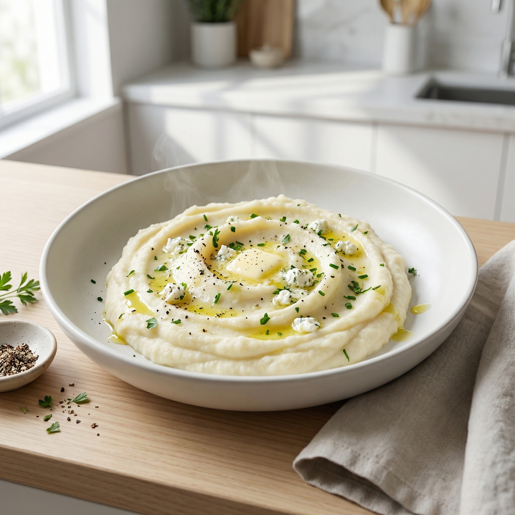 Microwave Mashed Cauliflower with Herbed Goat Cheese