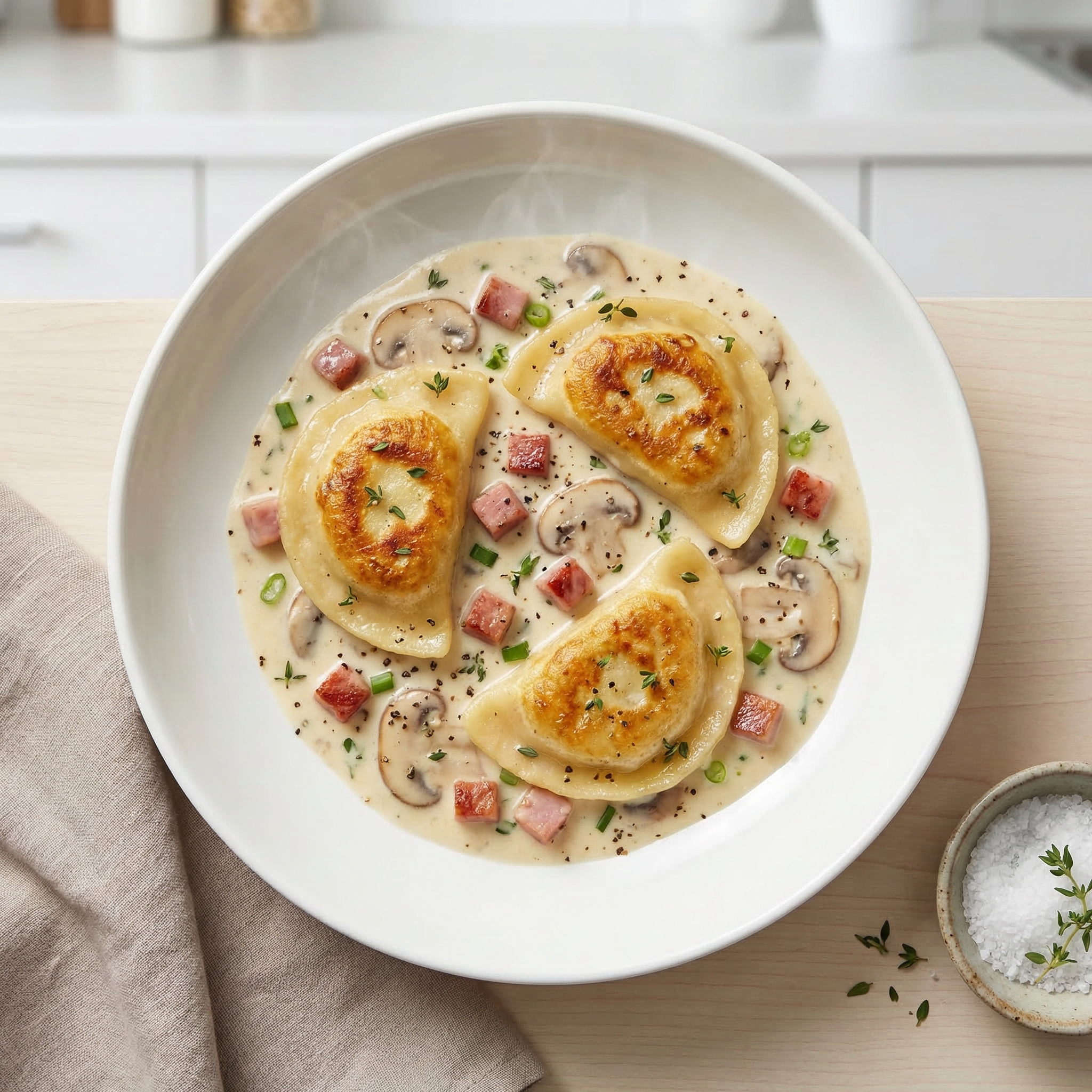 Creamy Ham with Baked Pierogies
