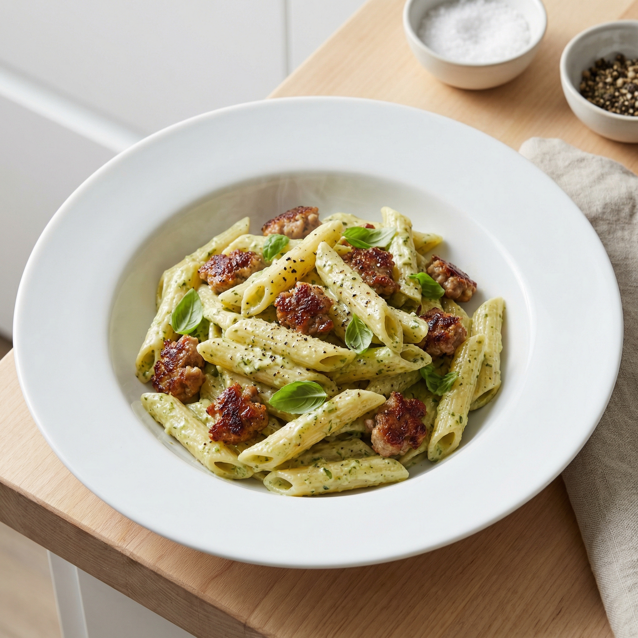 Penne with Creamy Pesto and Sausage