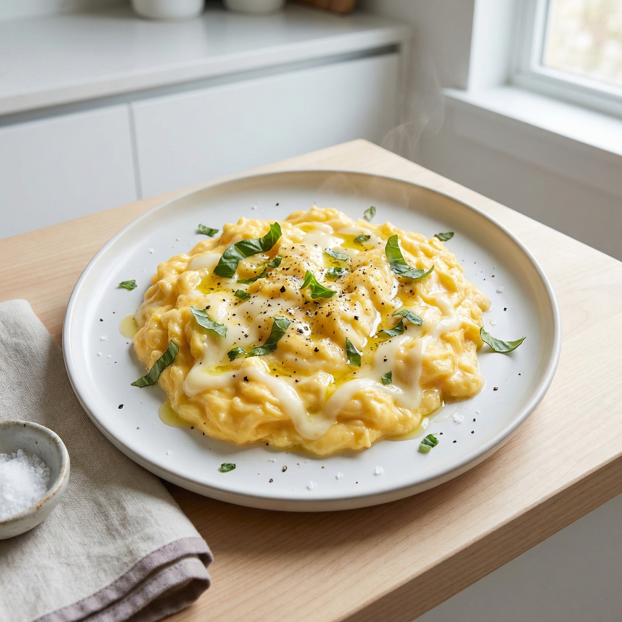 Basil-Infused Creamy Cheesy Scrambled Eggs