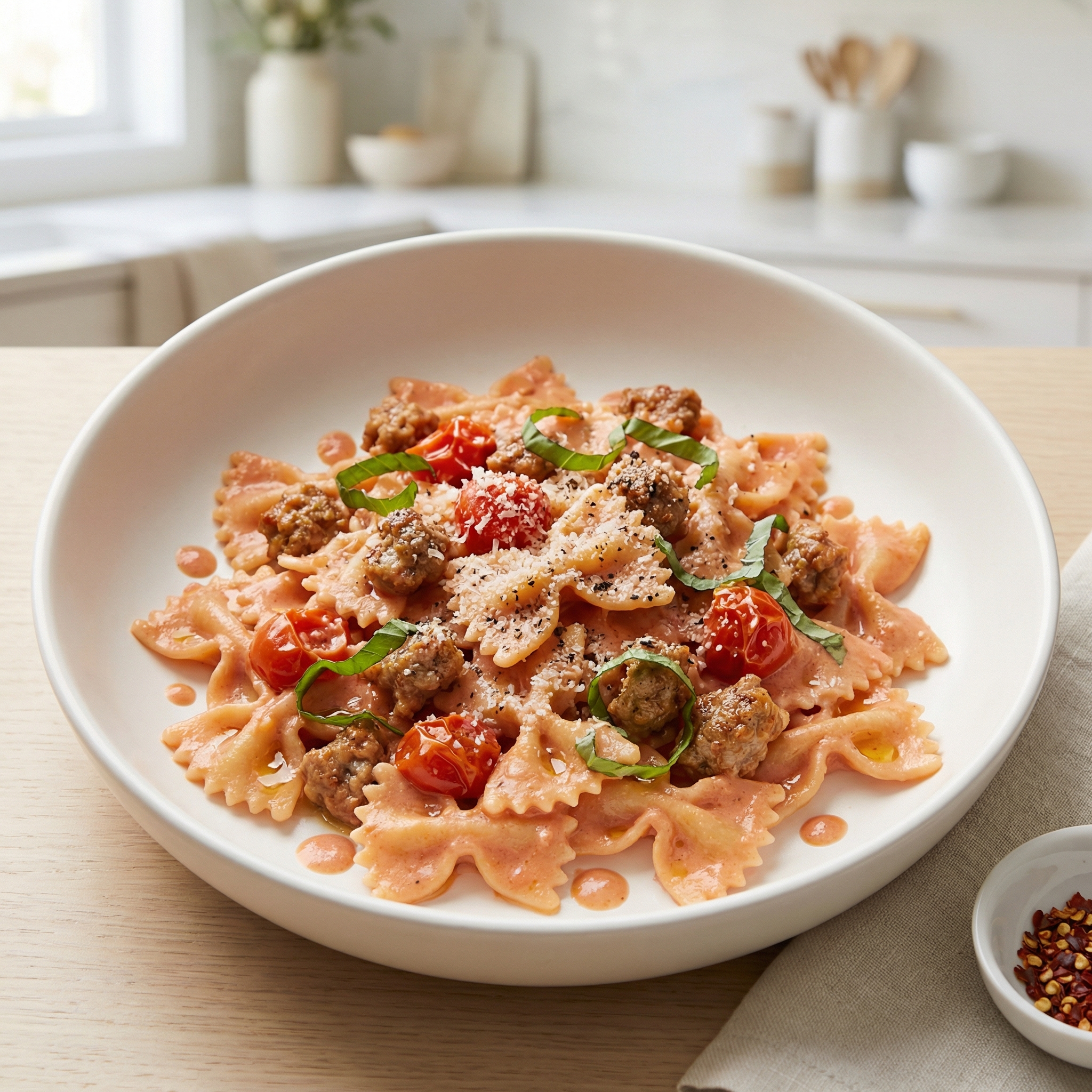 Bow Ties with Sausage, Tomatoes, and Cream
