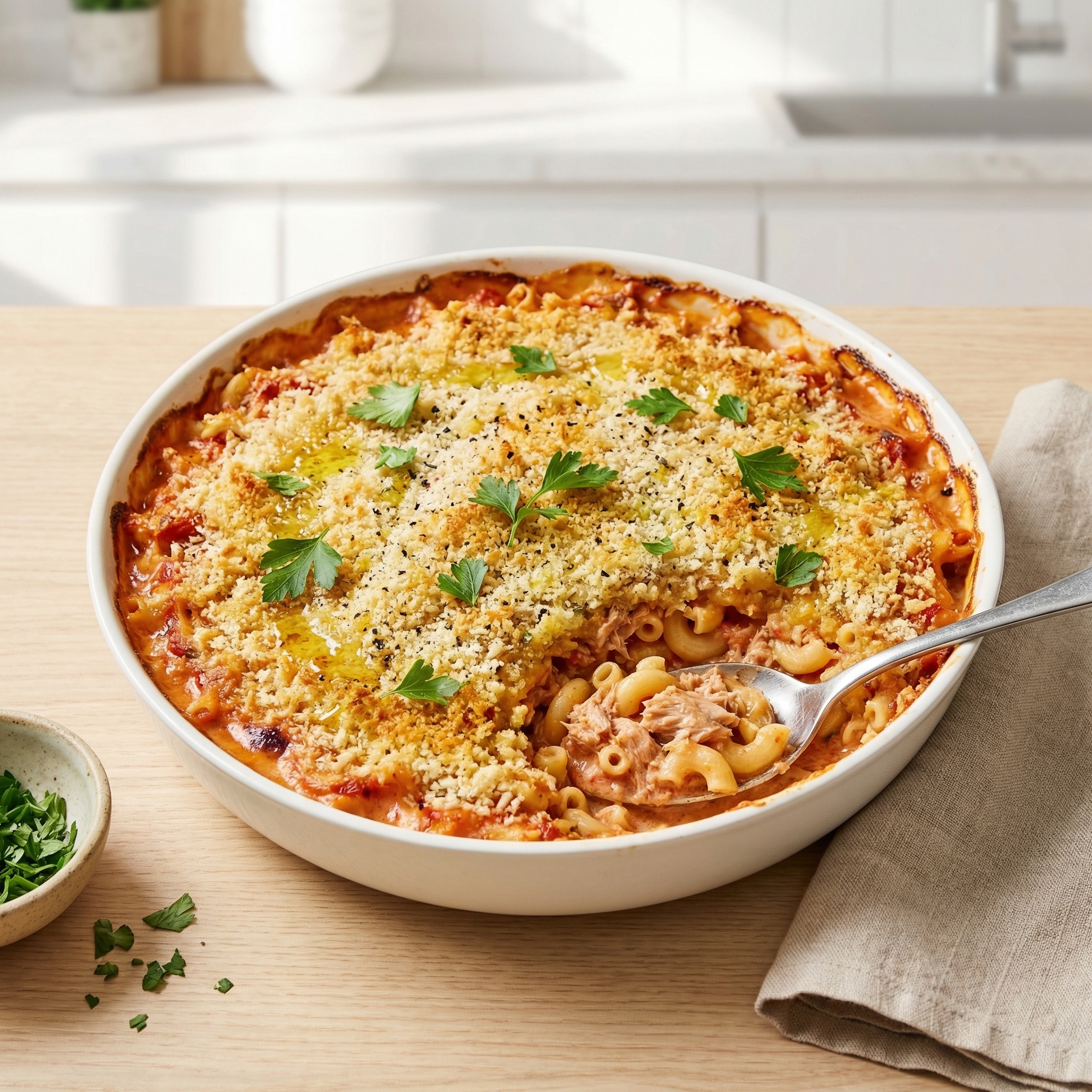Tomato-Kissed Tuna Mac Casserole