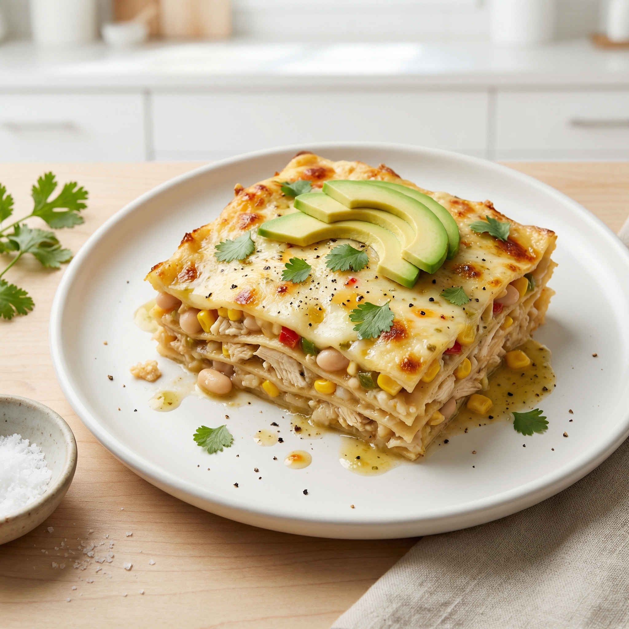 Creamy White Chicken Chili Enchilada Bake