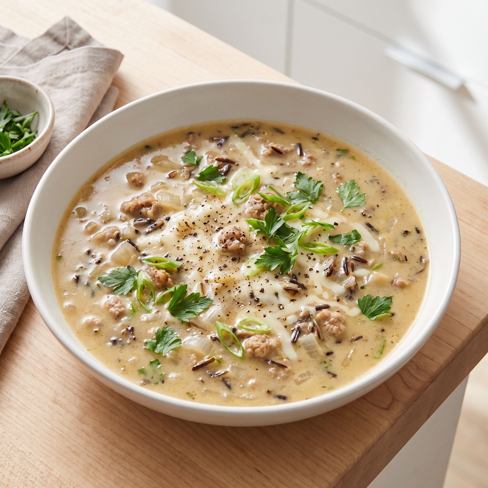Creamy Wild Rice and Cheese Soup with Italian Sausage