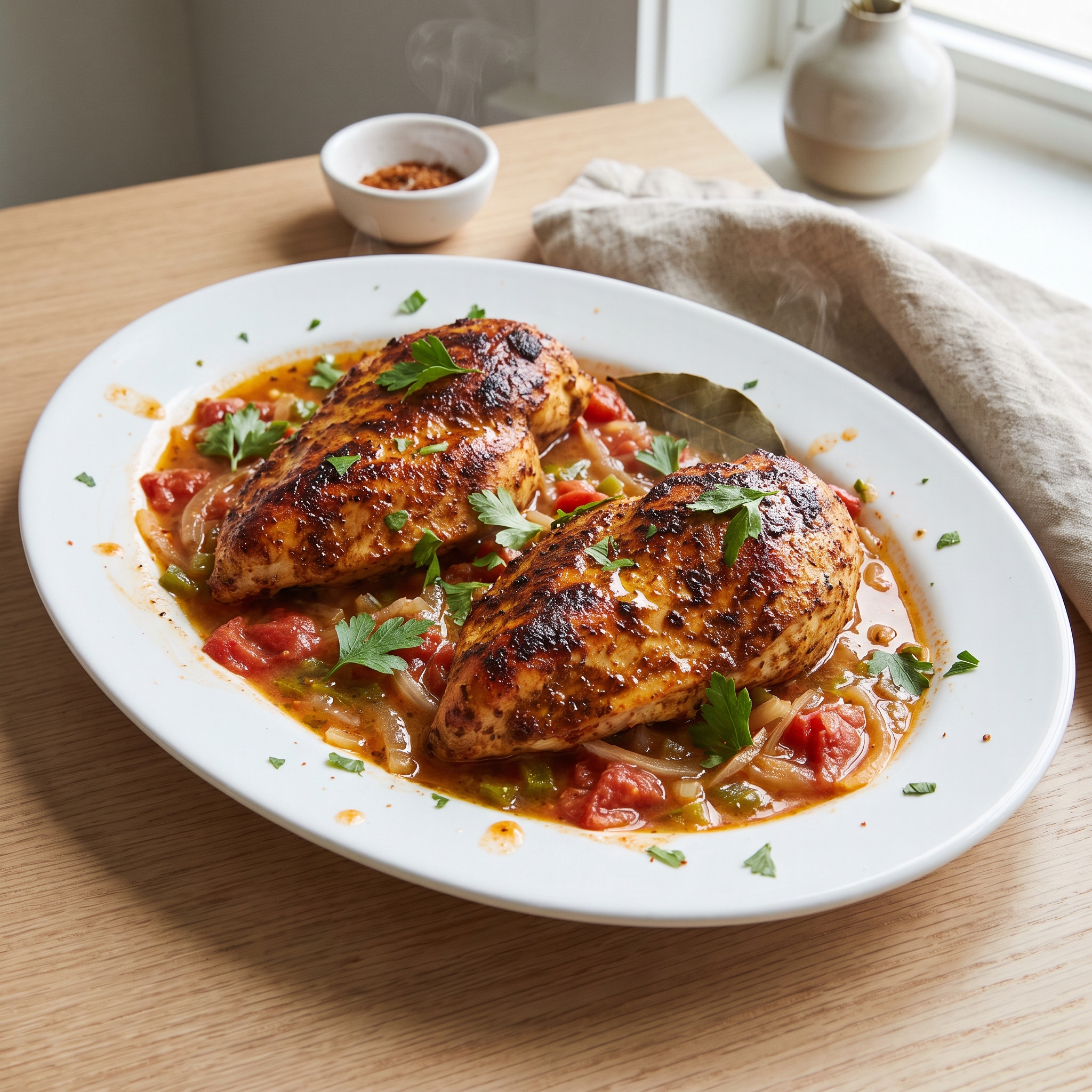 Creole-Style Chicken with Spiced Tomato Peppers