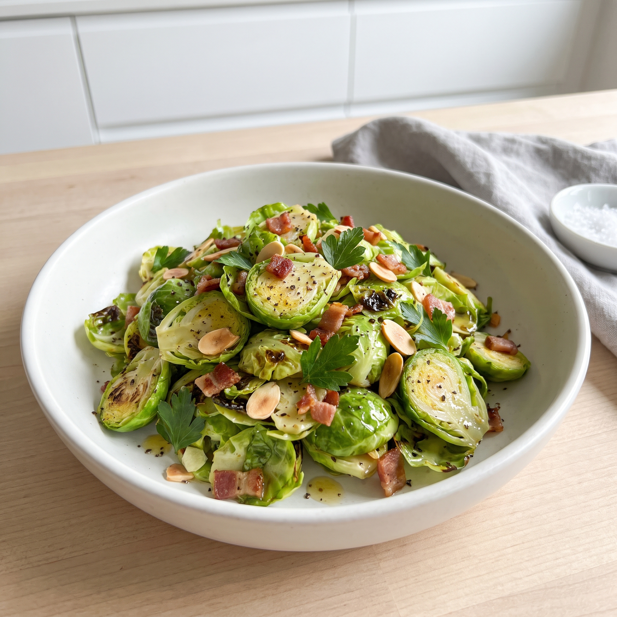 Crisp Shaved Brussels Sprouts with Bacon and Almonds