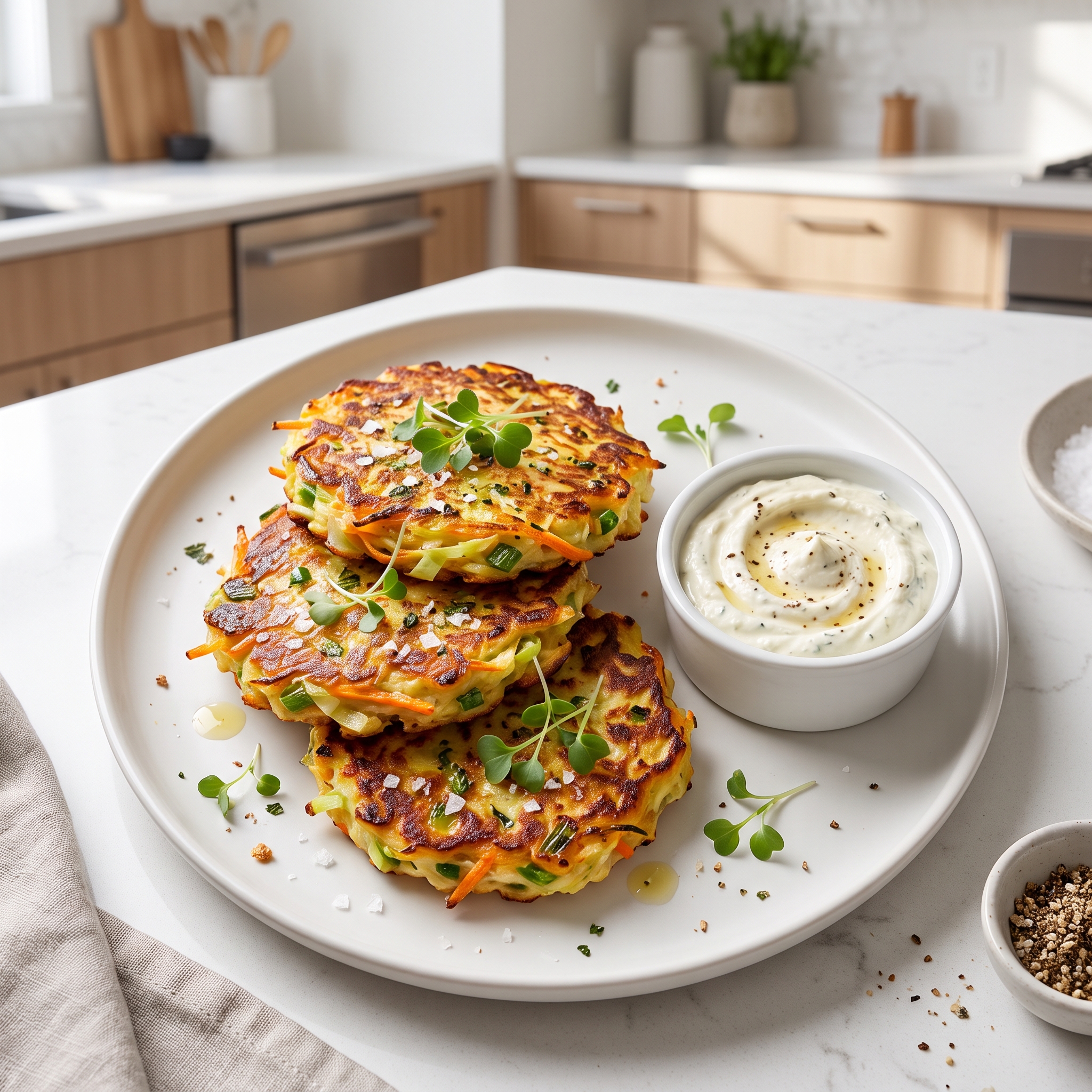 Crispy Cabbage Pancakes with Feta-Dill Dip