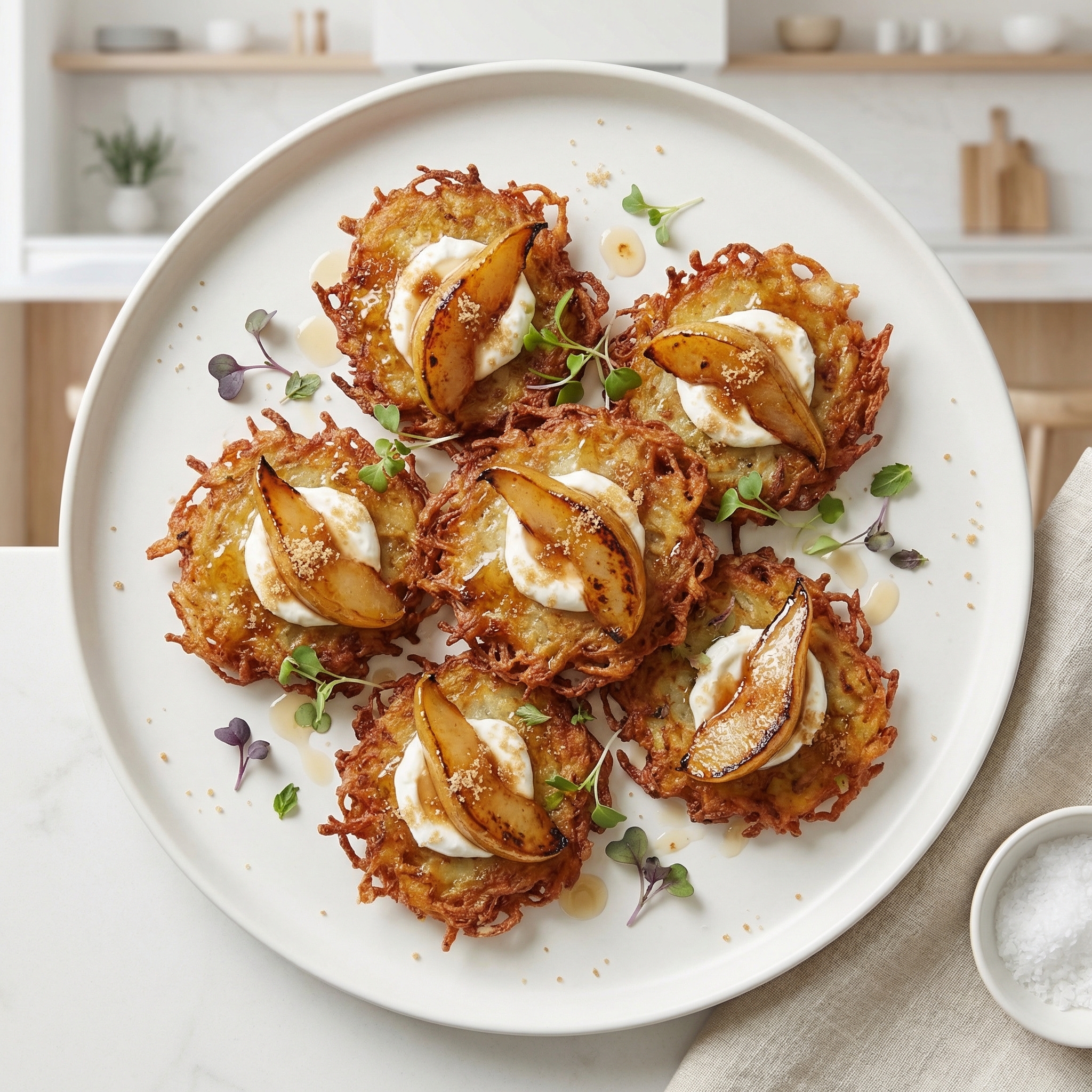 Crispy Potato Latkes with Caramelized Pears, Goat Cheese, and Sherry Vinegar