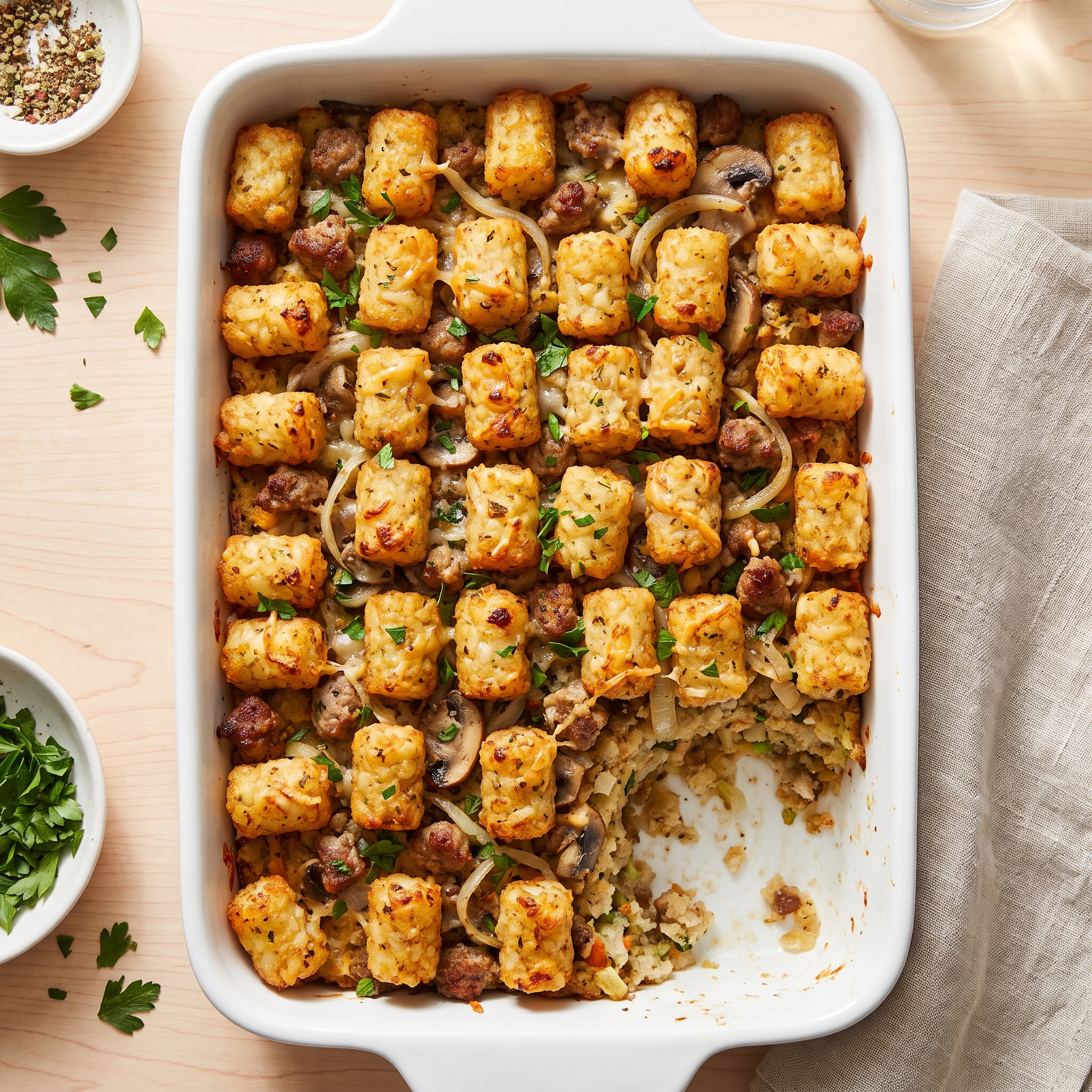 Crispy Tater Tot Stuffing with Sausage and Mushrooms