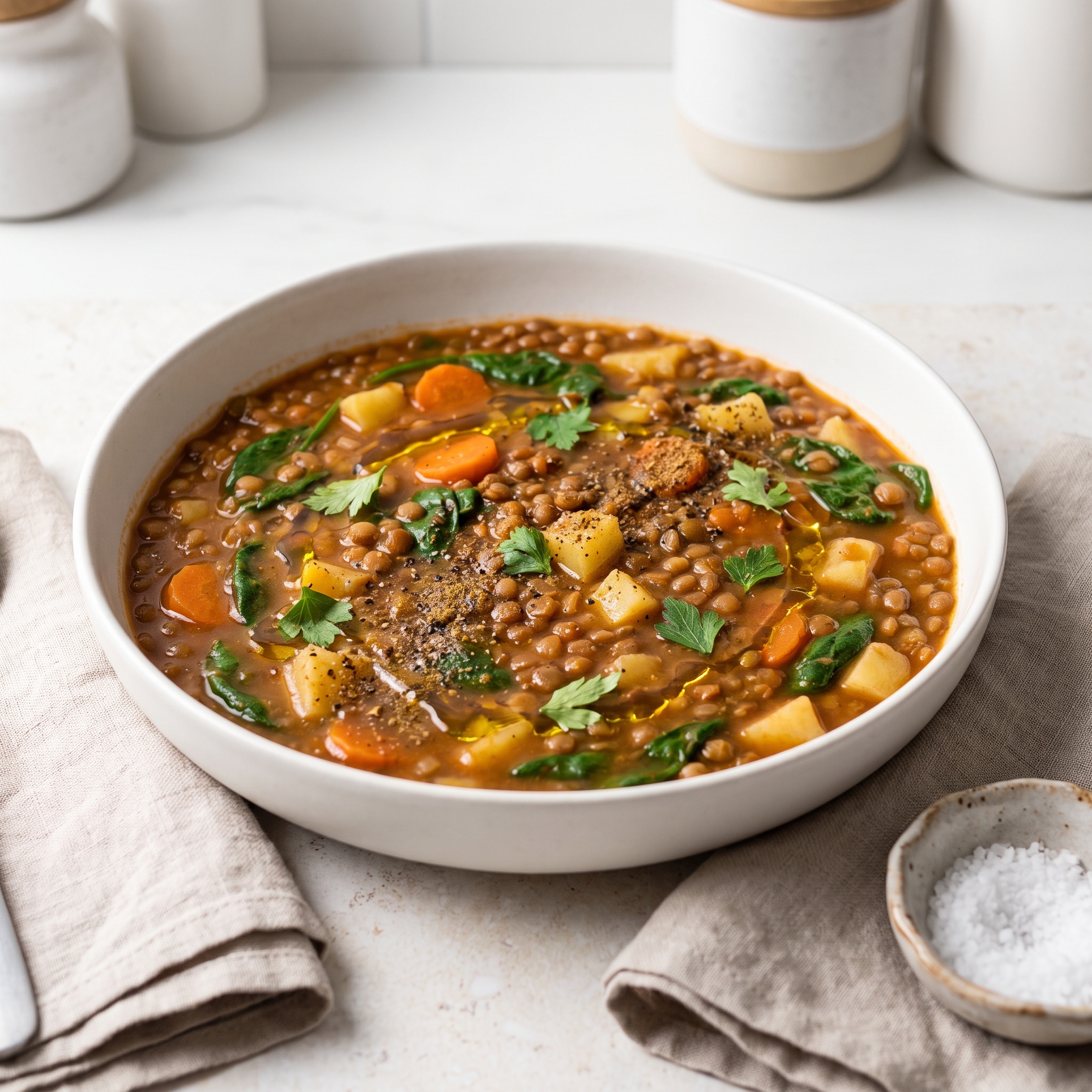 Crockpot Mediterranean Lentil Soup with Spinach