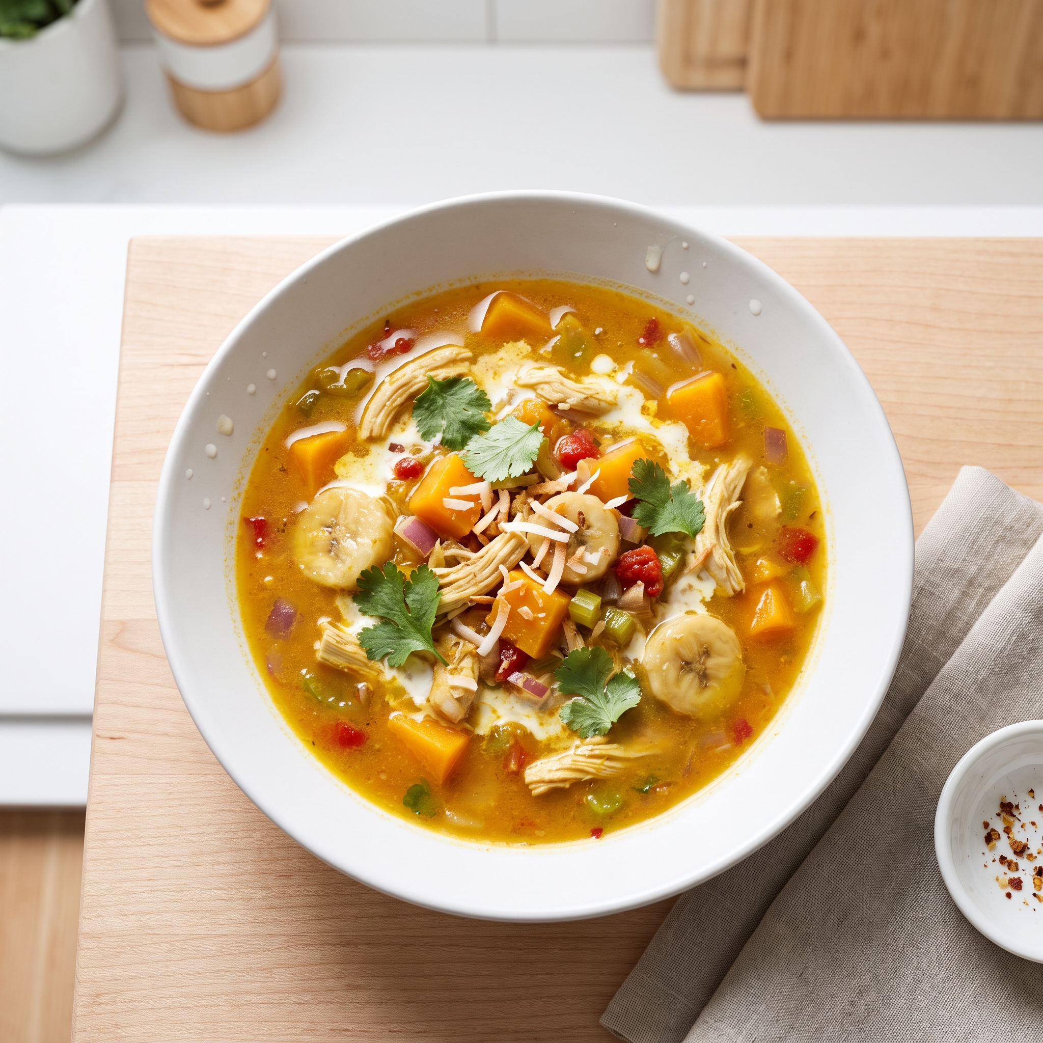 Curried Chicken, Butternut, and Banana Soup