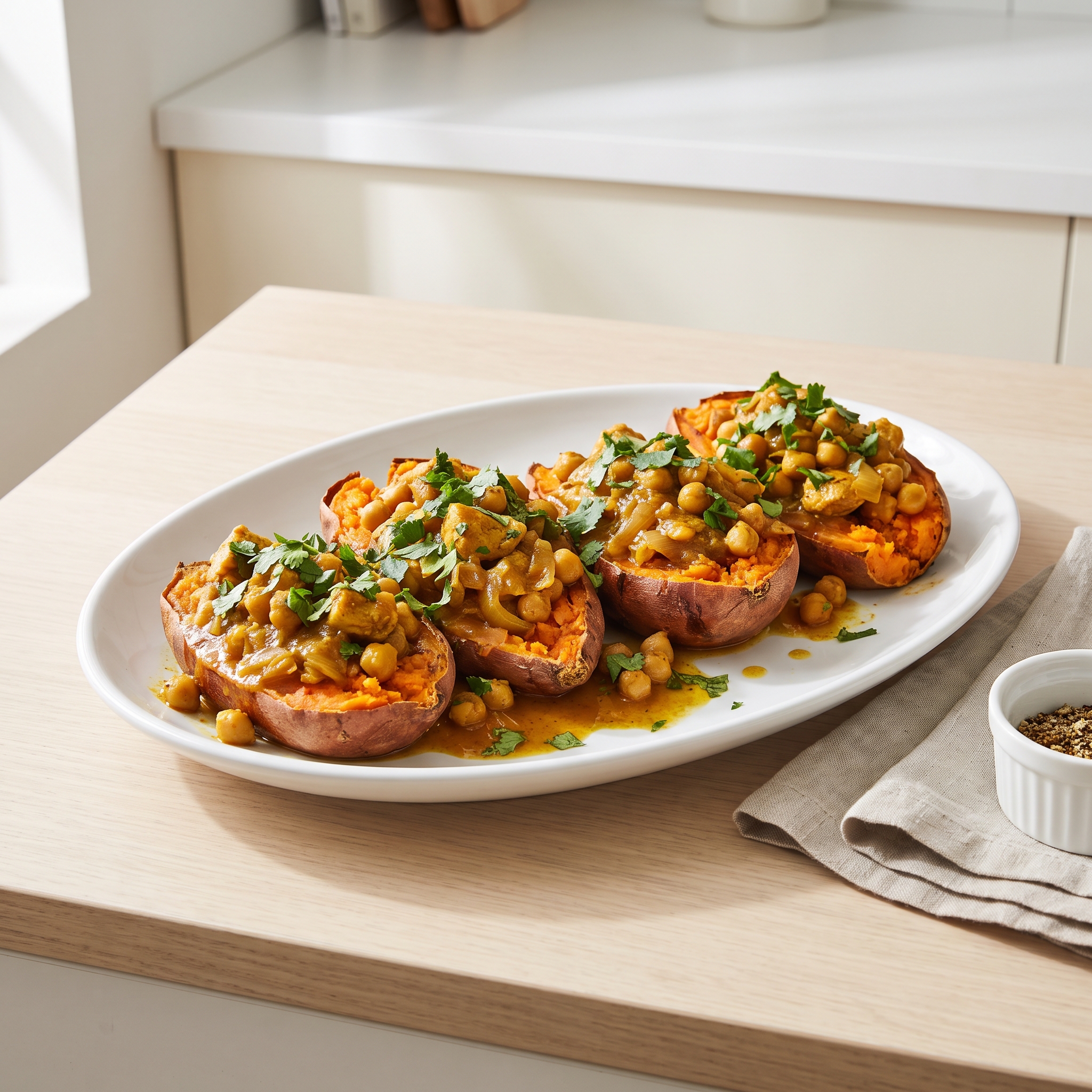 Curried Chicken & Chickpeas in Sweet Potato Boats