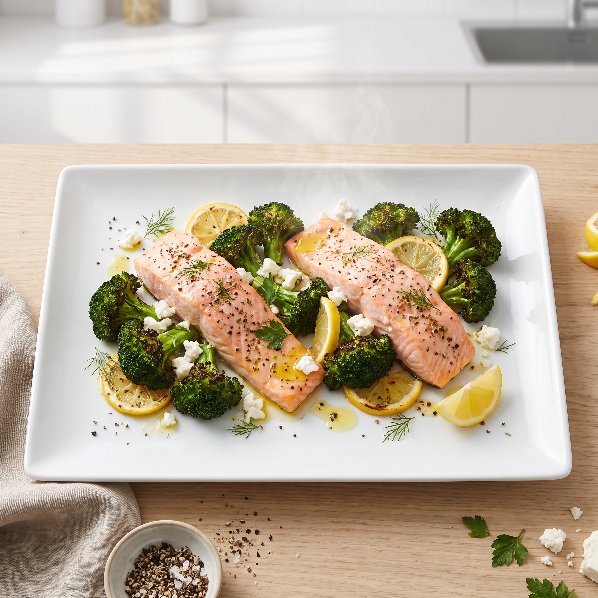 Easy Sheet Pan Roasted Greek Salmon and Broccoli
