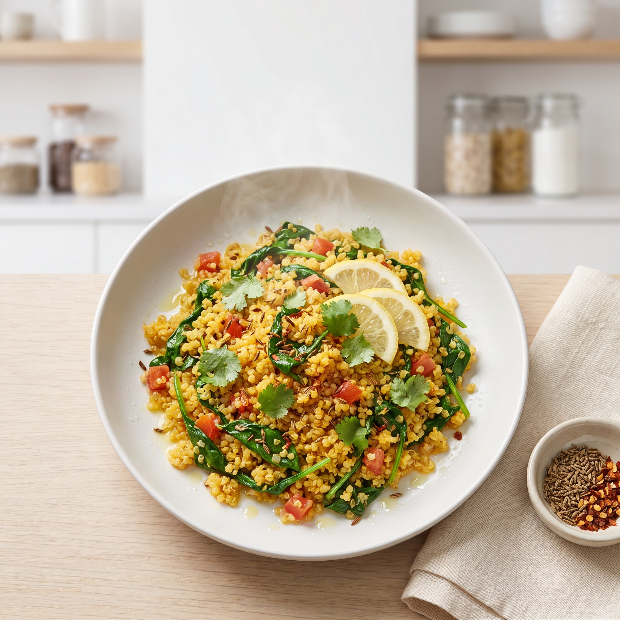 Fiery Quinoa and Spinach Pilaf (Pulao)