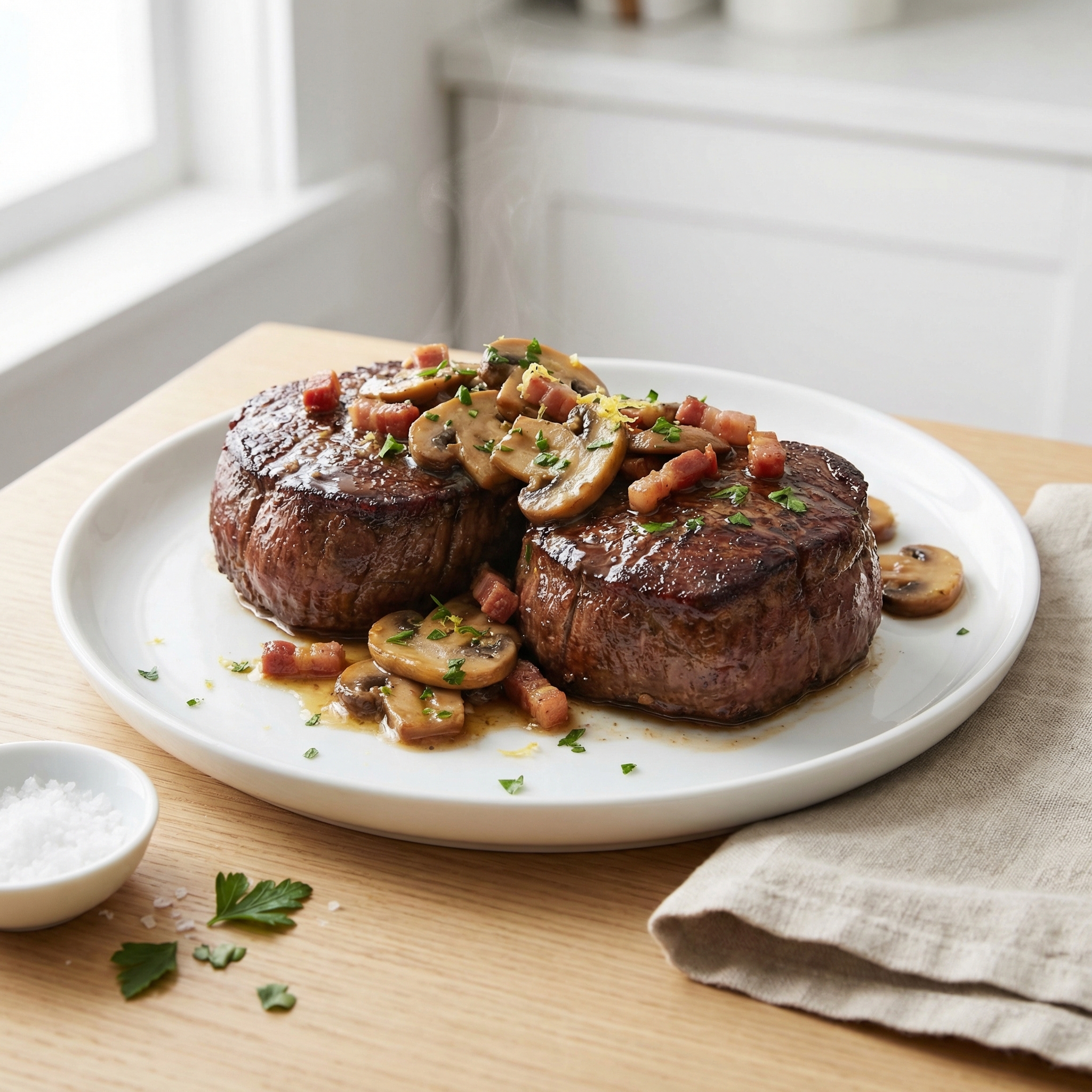 Mushroom-Topped Filet Mignon with Bourbon Pan Sauce