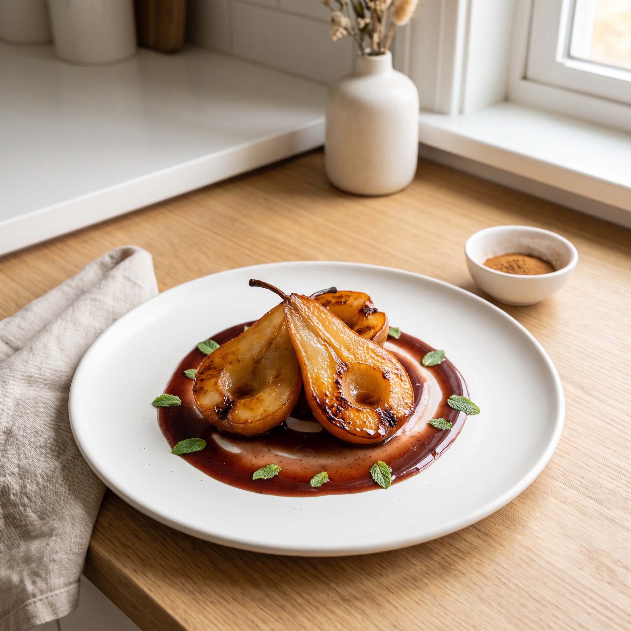 Fire-Kissed Pears with Spiced Vanilla–Cherry Sauce