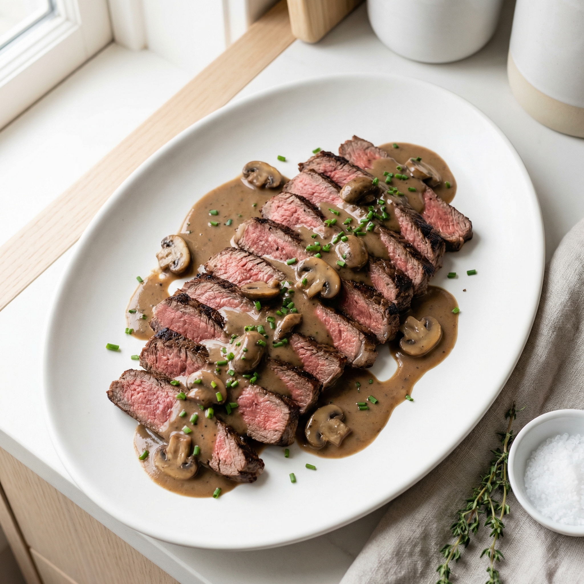 Flat Iron Steak with Creamy Mushroom Wine Sauce
