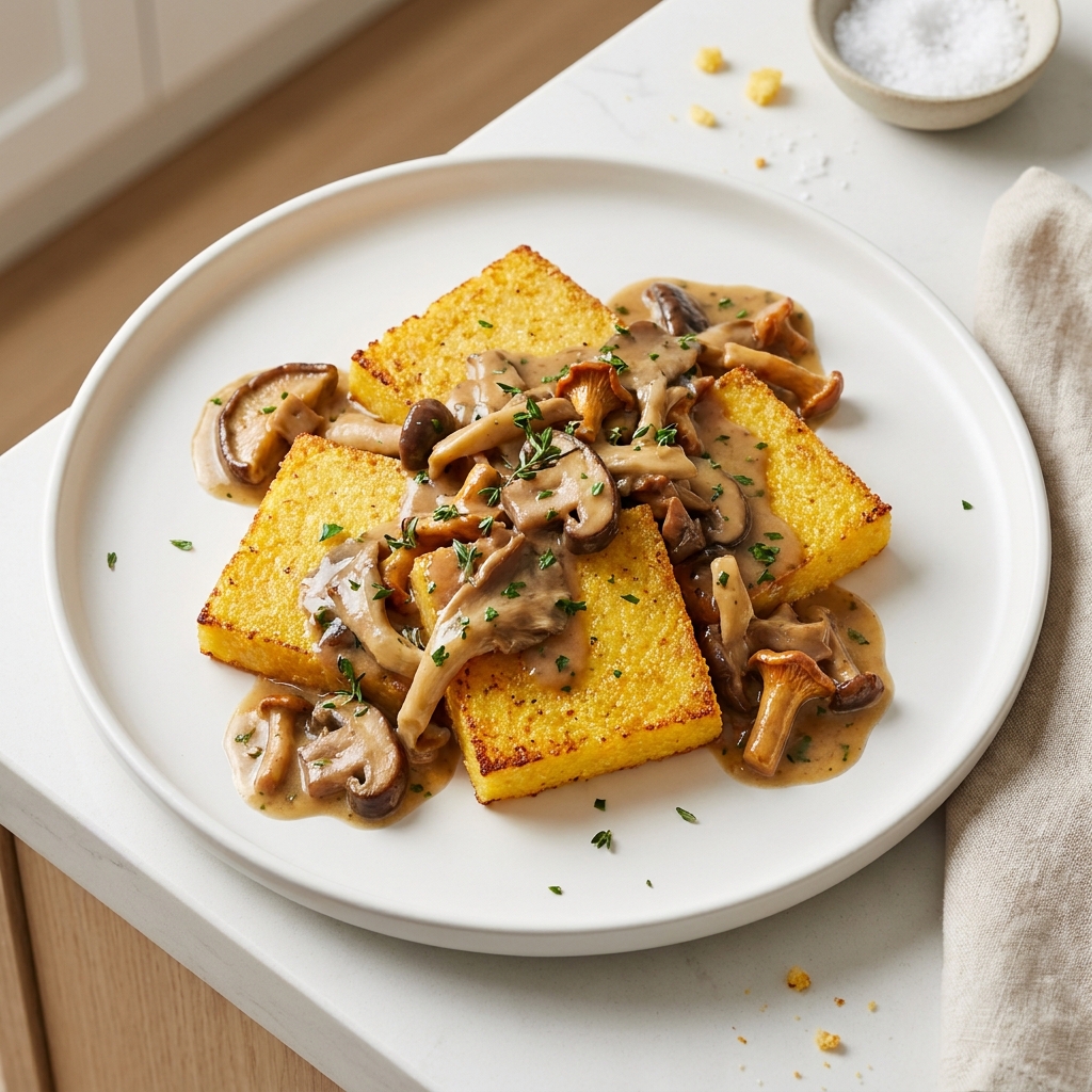 Fried Polenta Squares with Creamy Mushroom Ragu