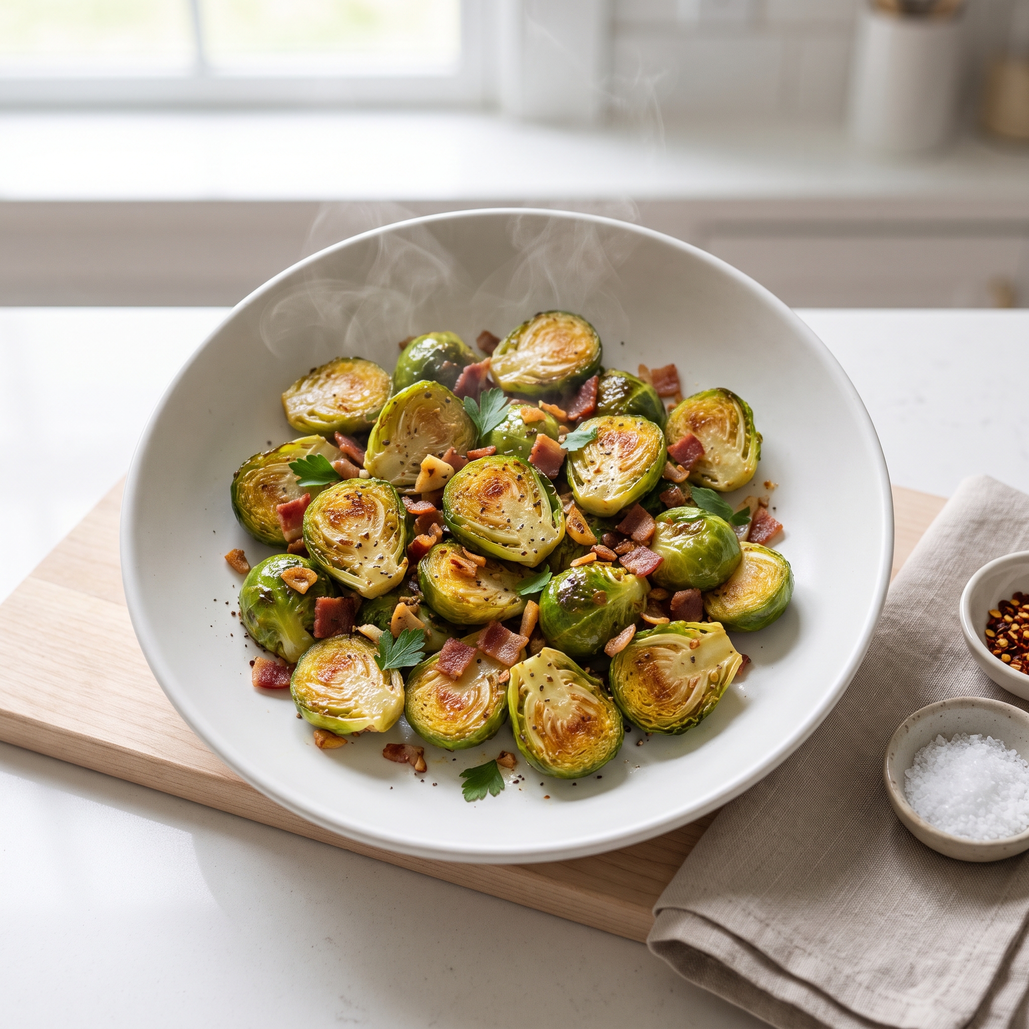 Garlic Brussels Sprouts with Crispy Bacon