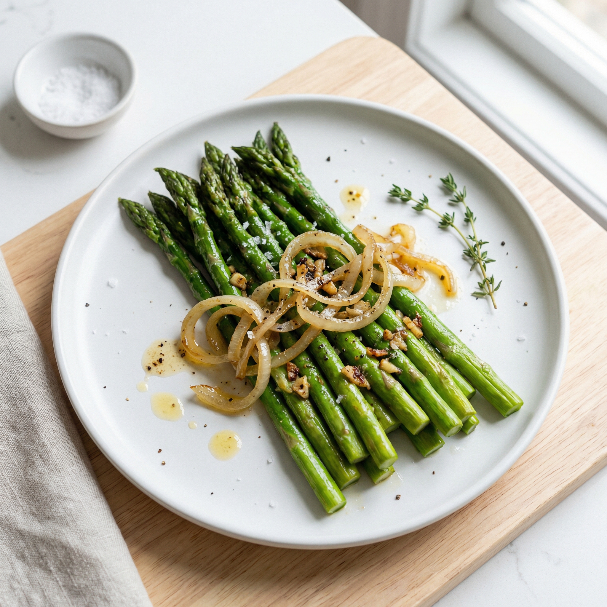 Garlicky Asparagus with Sautéed Onions