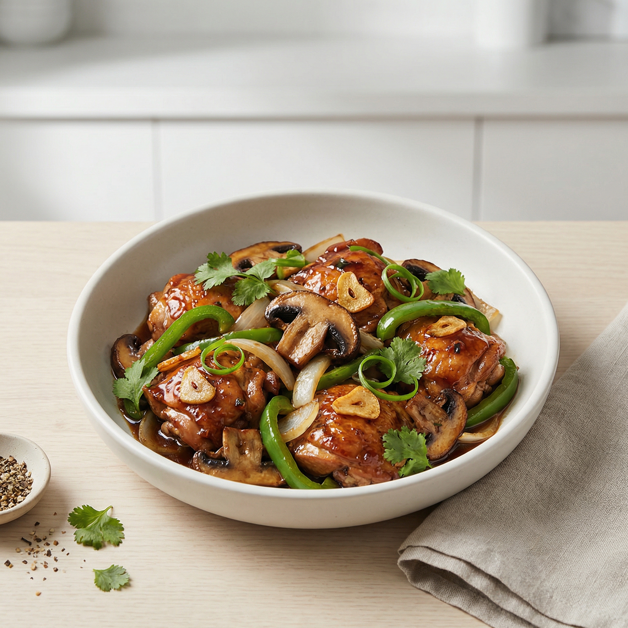 Chicken Thigh Stir-Fry with Garlic and Mushrooms