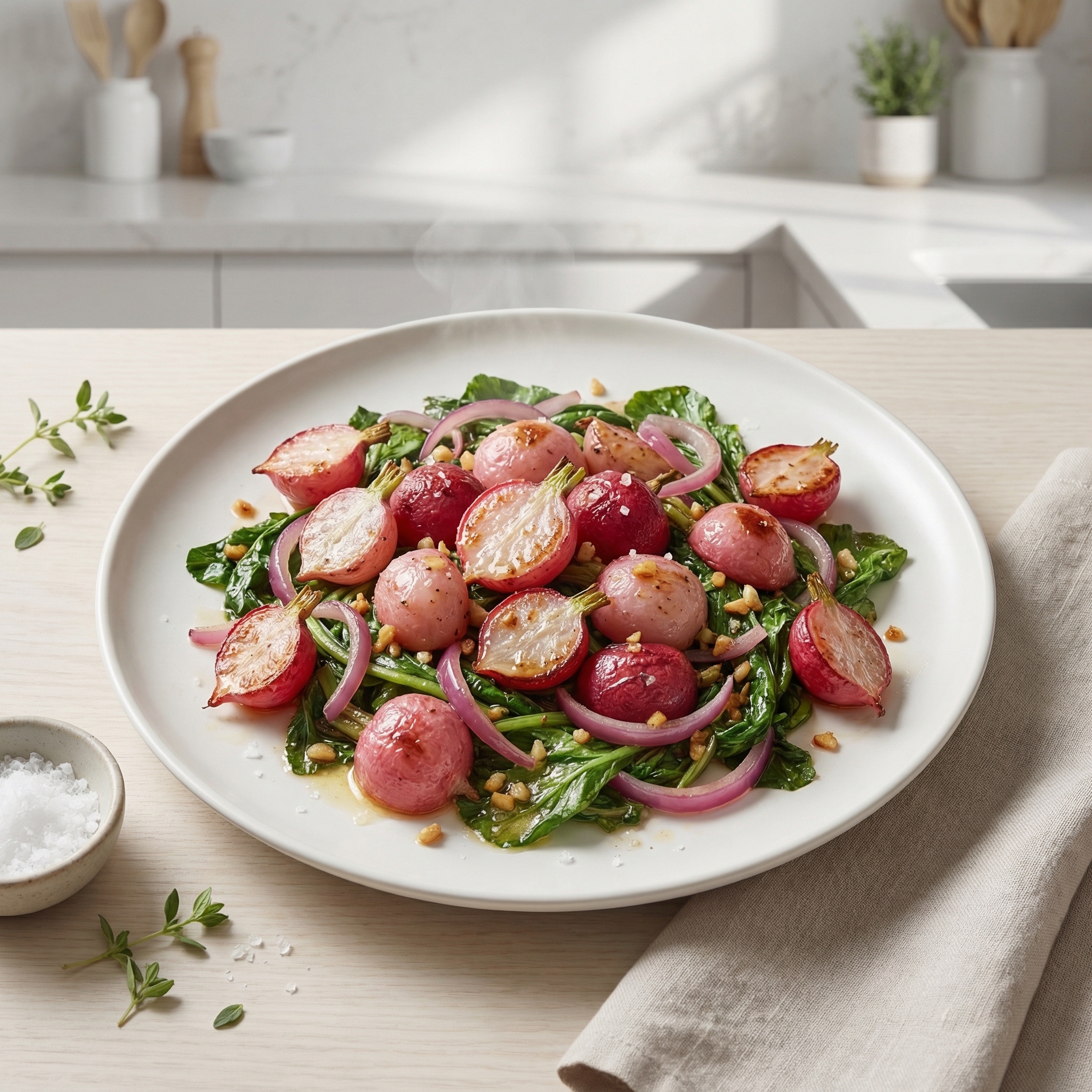 Oven-Roasted Radishes with Sautéed Radish Greens