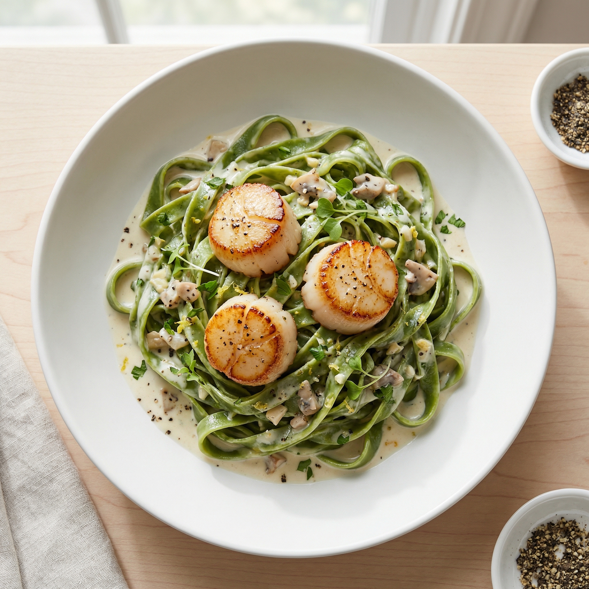 New Year Spinach Fettuccine with Scallops