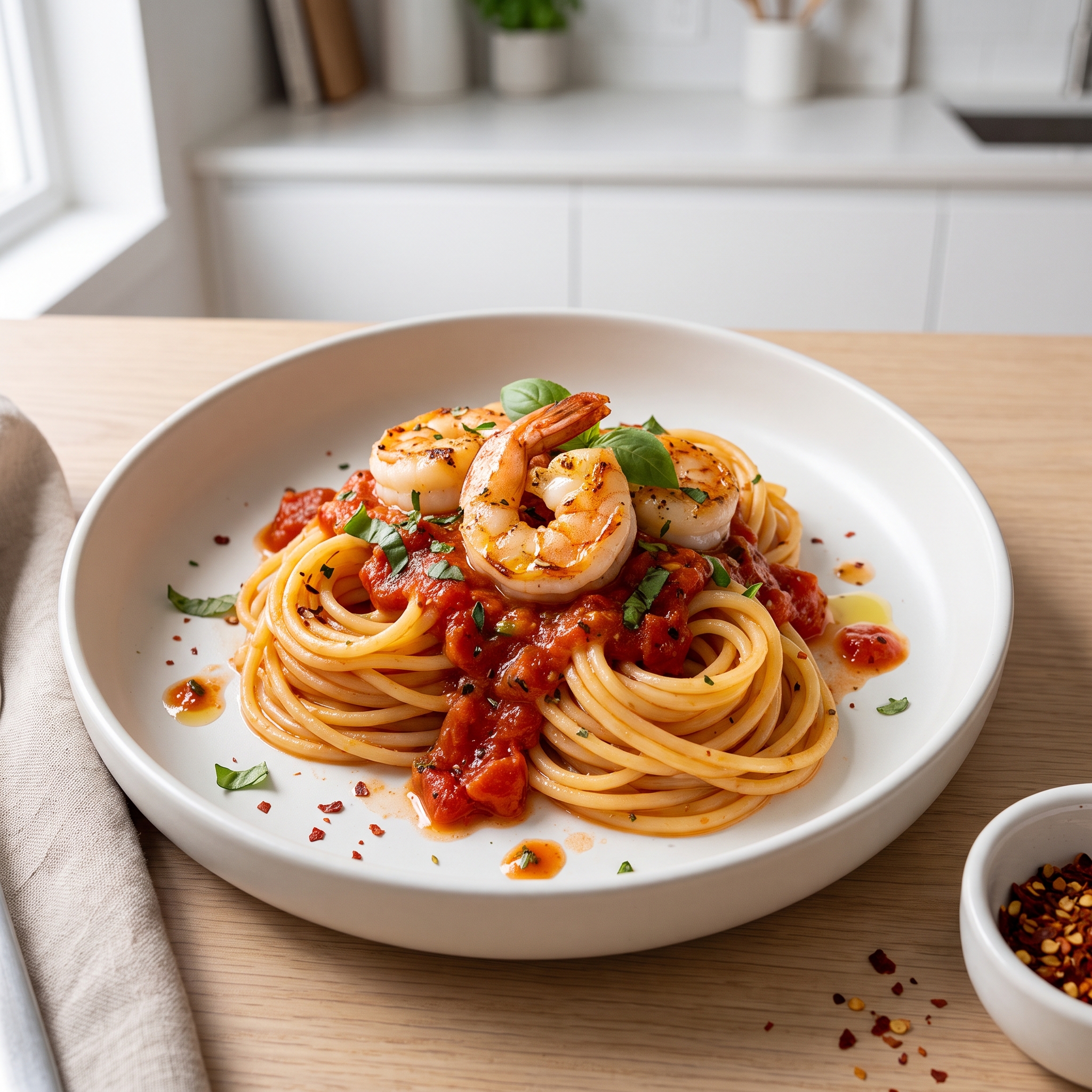 Garlicky Shrimp in Marinara over Spaghetti