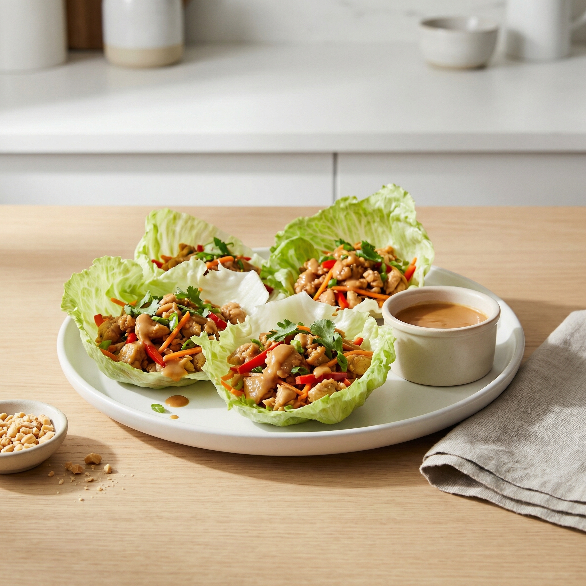 Ginger-Chicken Lettuce Cups with Peanut Sauce