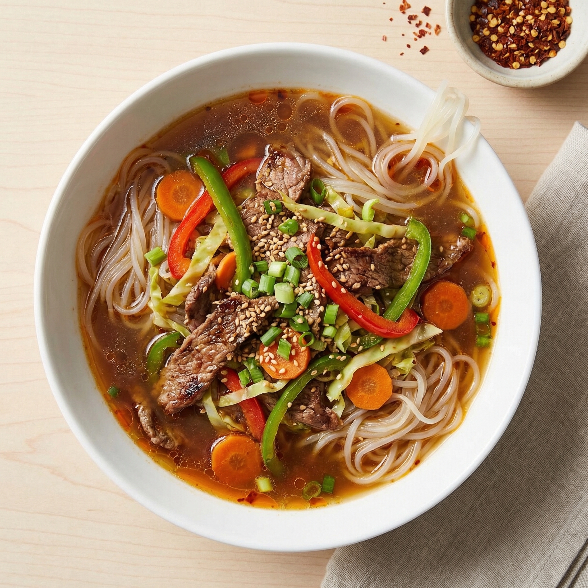 Spiced Ginger Beef Rice Noodle Soup