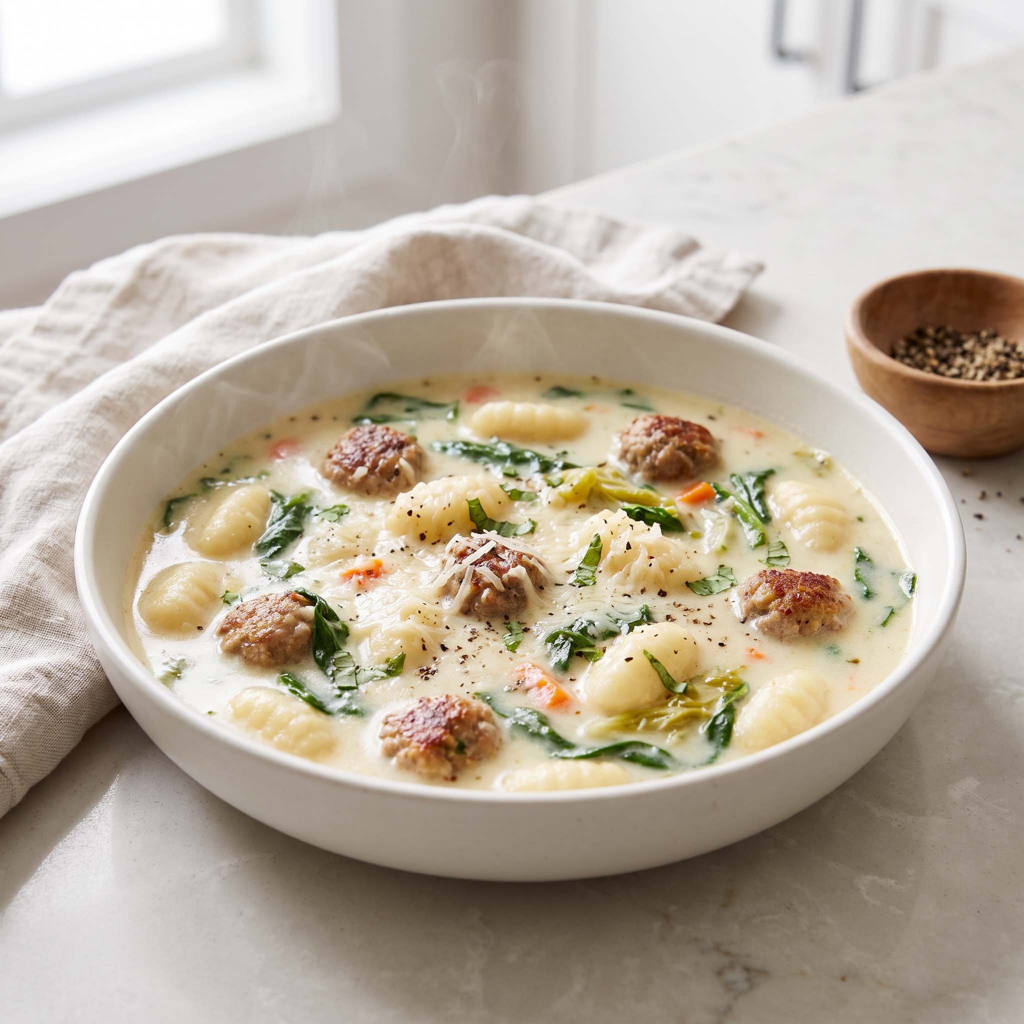 Gnocchi, Spinach, and Meatball Soup