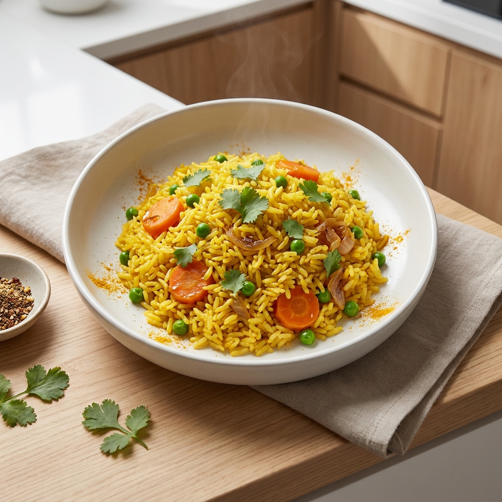 Golden Turmeric Rice with Peas and Carrots