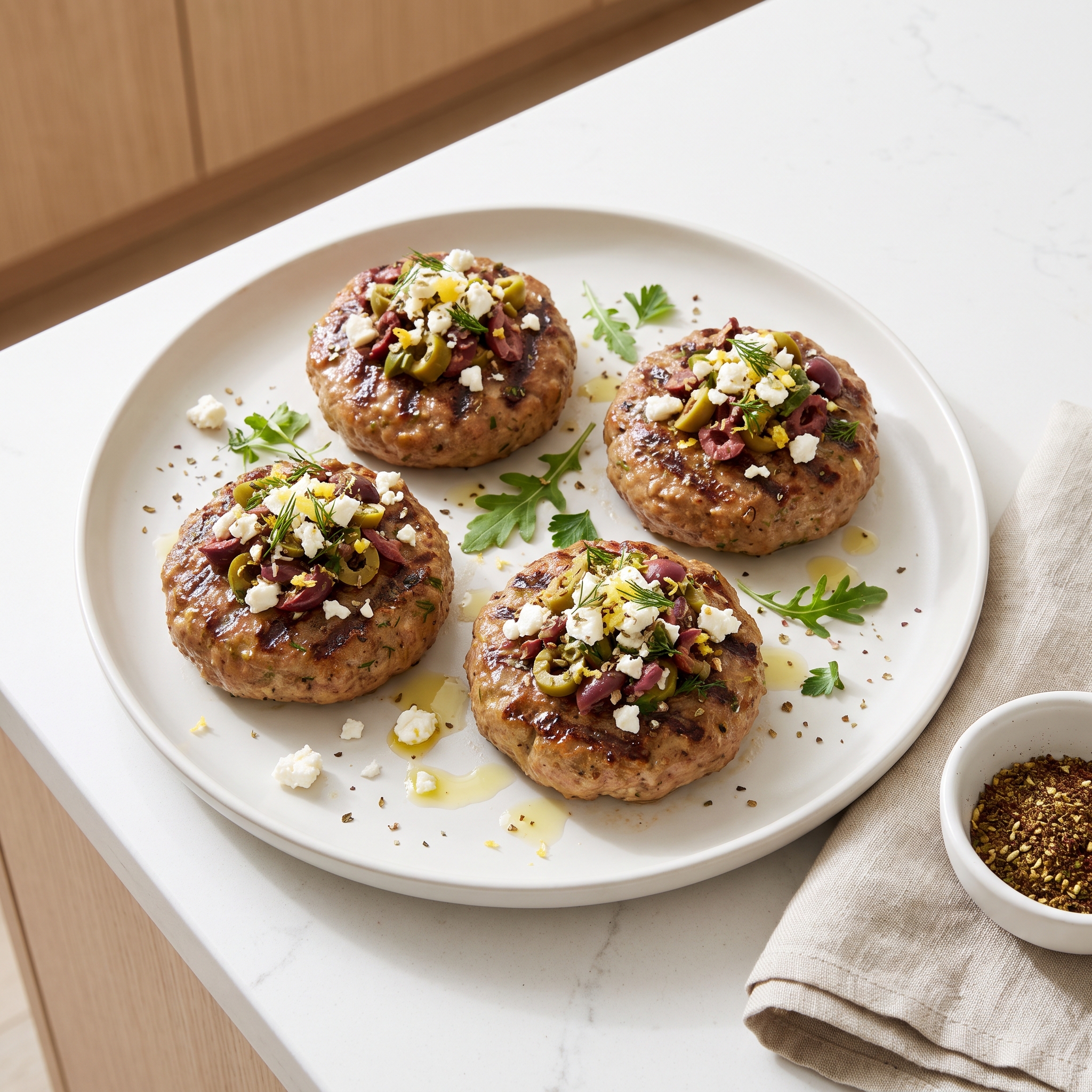 Greek-Style Turkey Burgers with Olive–Feta Relish