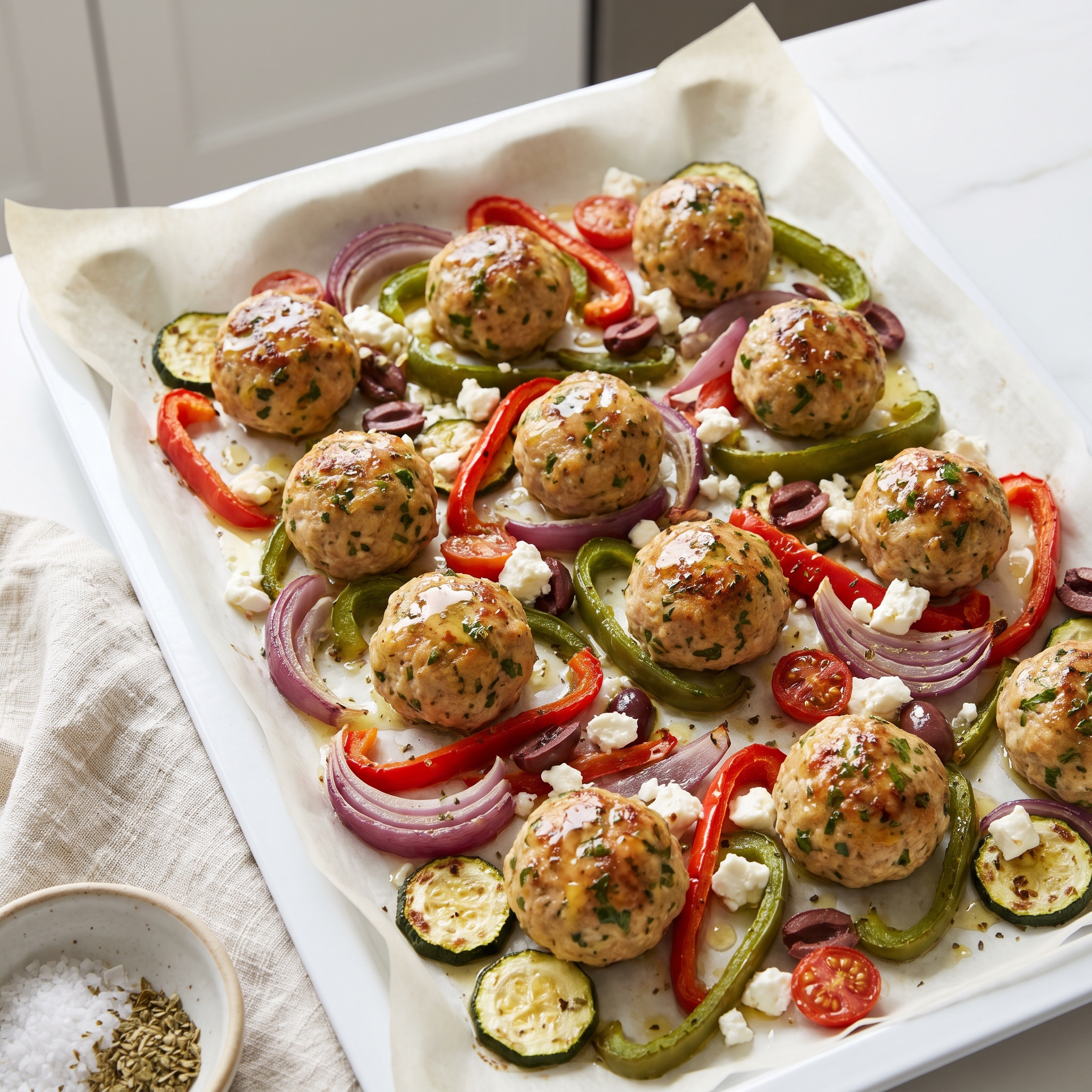 Greek-Style Turkey Meatball Sheet-Pan Supper