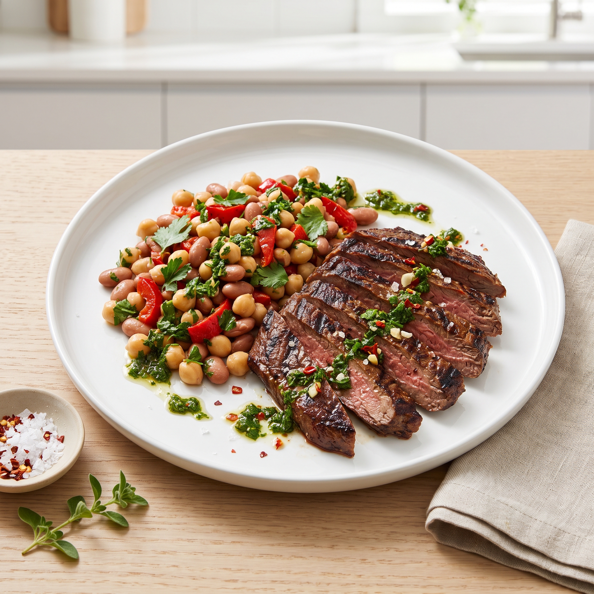 Grilled Flank Steak with Chimichurri Bean Salad