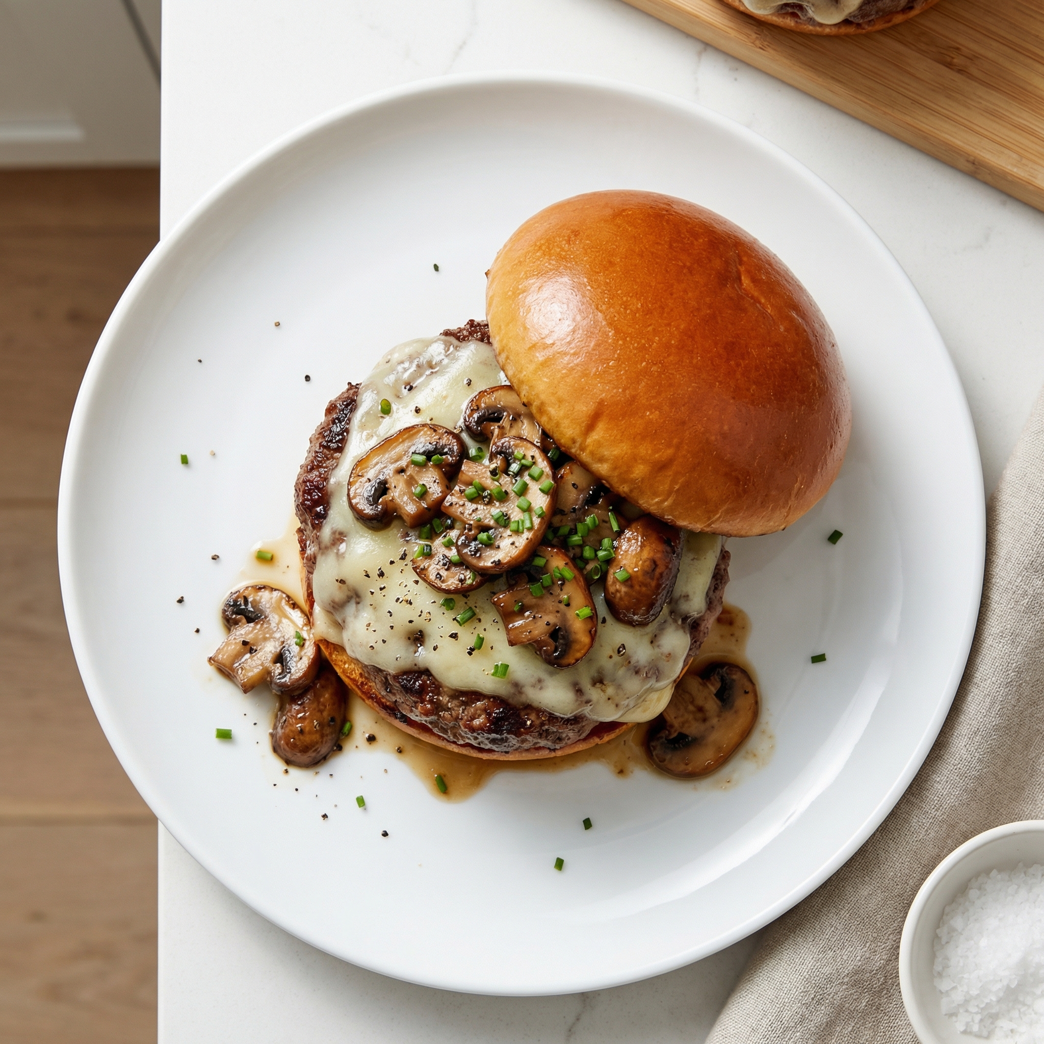 Grilled Mushroom Swiss Burger with Soy-Butter Mushrooms