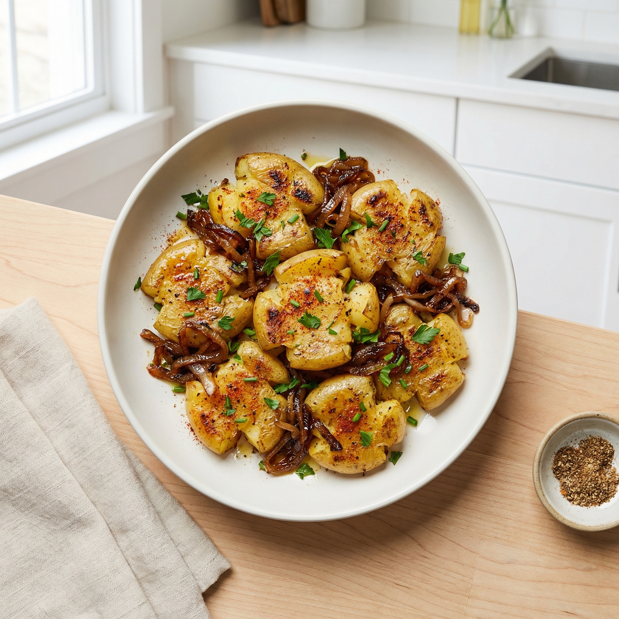Griddled Smashed New Potatoes with Onions