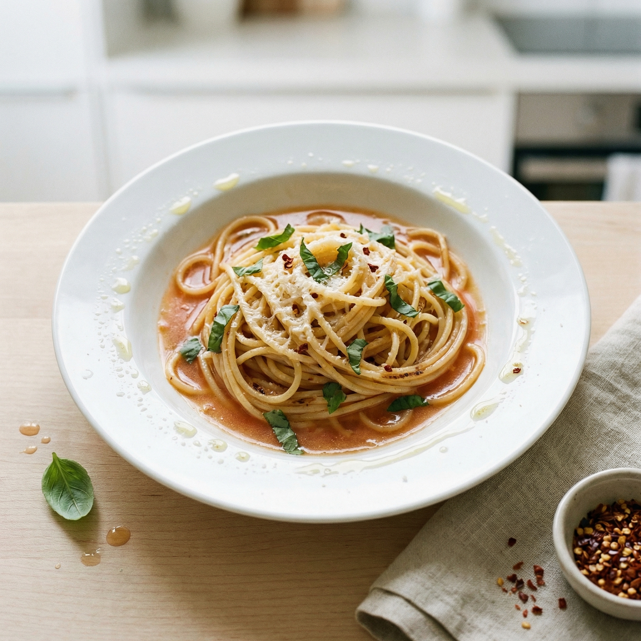 Charred Spaghetti with Garlic-Tomato Broth