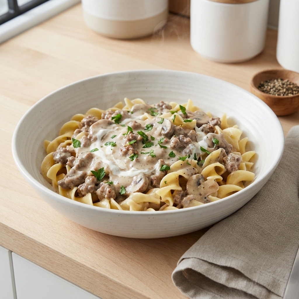 Ground Beef Stroganoff with Egg Noodles